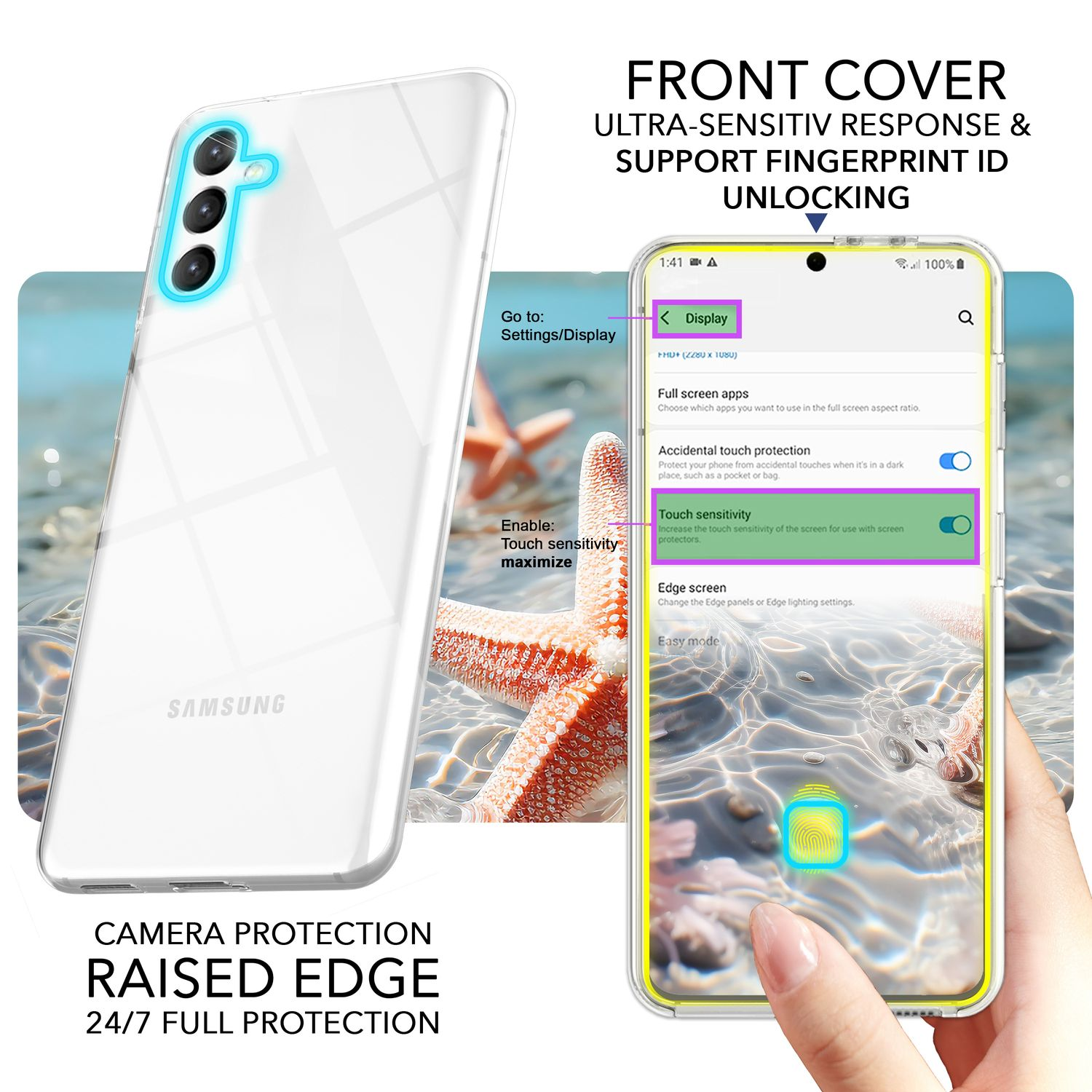 Smartphone mit Touch-Empfindlichkeitseinstellungen auf dem Bildschirm, in der Nähe eines Gehäuses und eines Seesterns.
