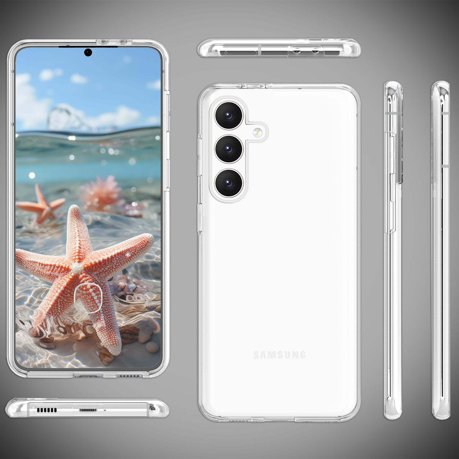 Eine transparente Handyhülle mit Handy und Strandmotiv, Seiten- und Draufsicht.