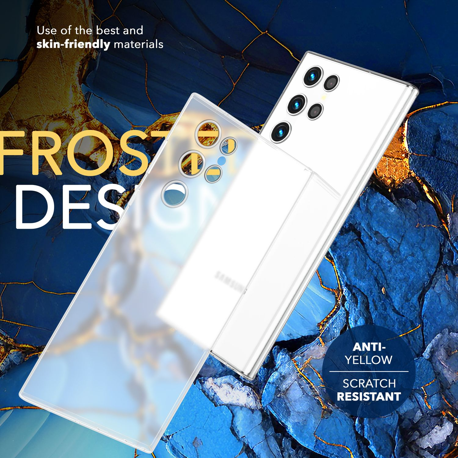 Una custodia per telefono con un design smerigliato. Un telefono con retro bianco è visibile attraverso la custodia. È anti-ingiallimento e antigraffio.
