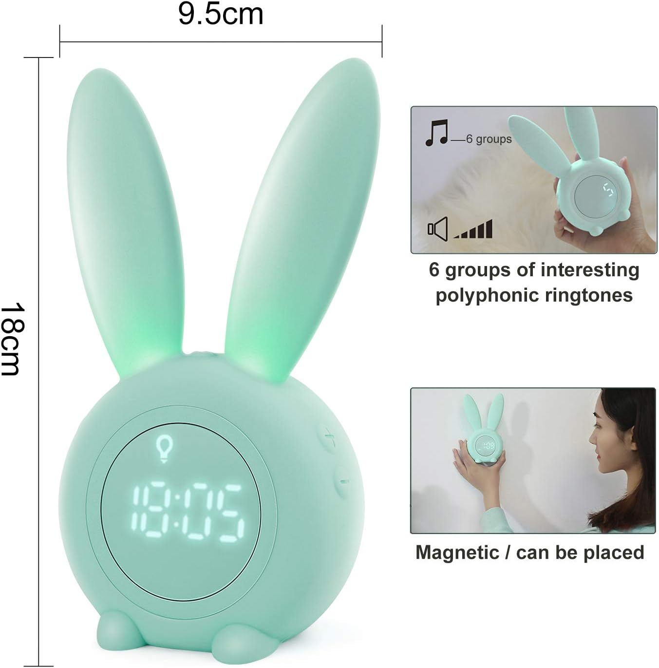 Ein mintgrüner, hasenförmiger Wecker mit Display, 18 cm hoch und 9,5 cm breit.