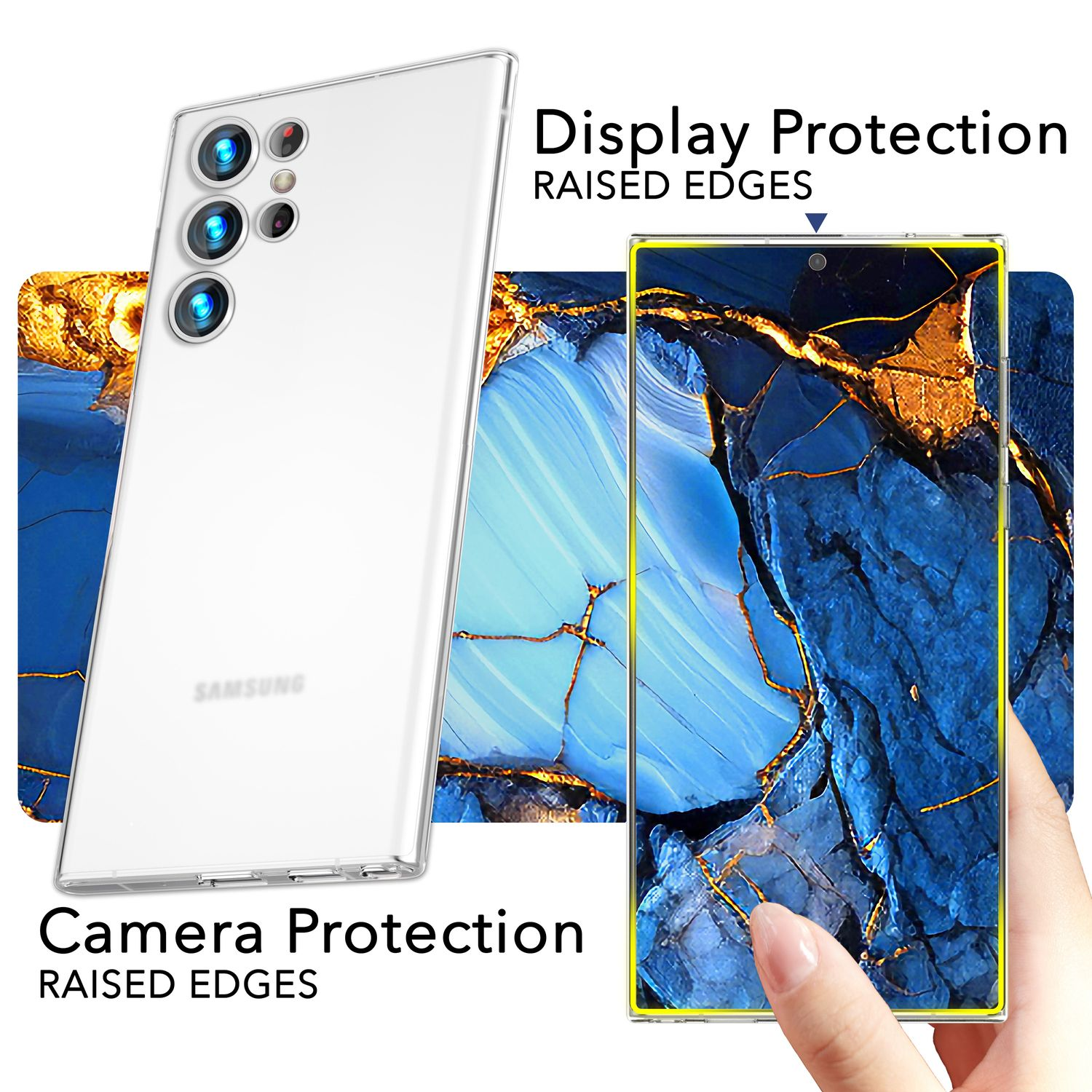 Una custodia trasparente per telefono che protegge un telefono, con una mano che indica lo schermo, mostrando un design marmoreo.