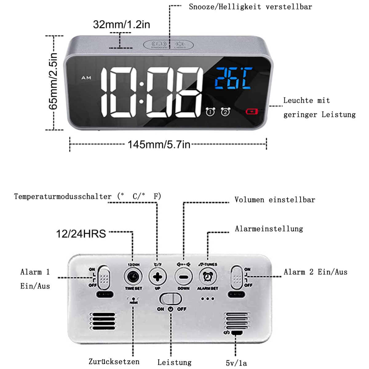 Digitaler Wecker mit Abmessungen und Funktionsbeschriftungen. Er zeigt Zeit und Temperatur an. Die Knöpfe sind sichtbar.