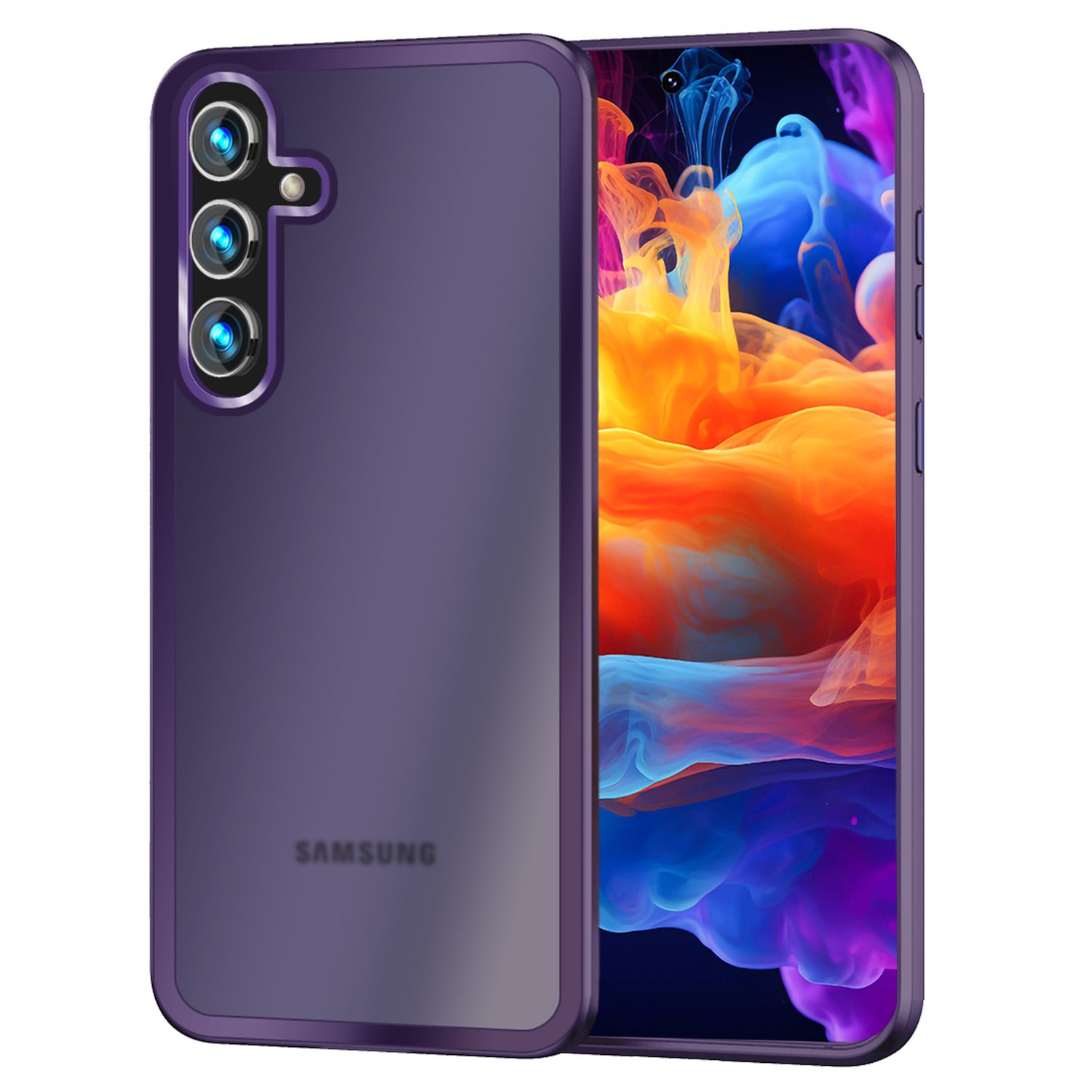 Lila Handyhülle mit lila Rahmen, drei Kameralöchern und Samsung-Logo. Die Hülle ist vor weißem Hintergrund.