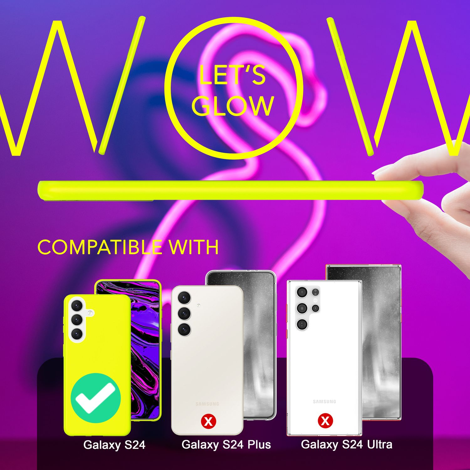 Neon-Schild, das lautet: „WOW LET'S GLOW“, mit kompatiblen Handys und einer Hand, die einen Neon-Stick hält.