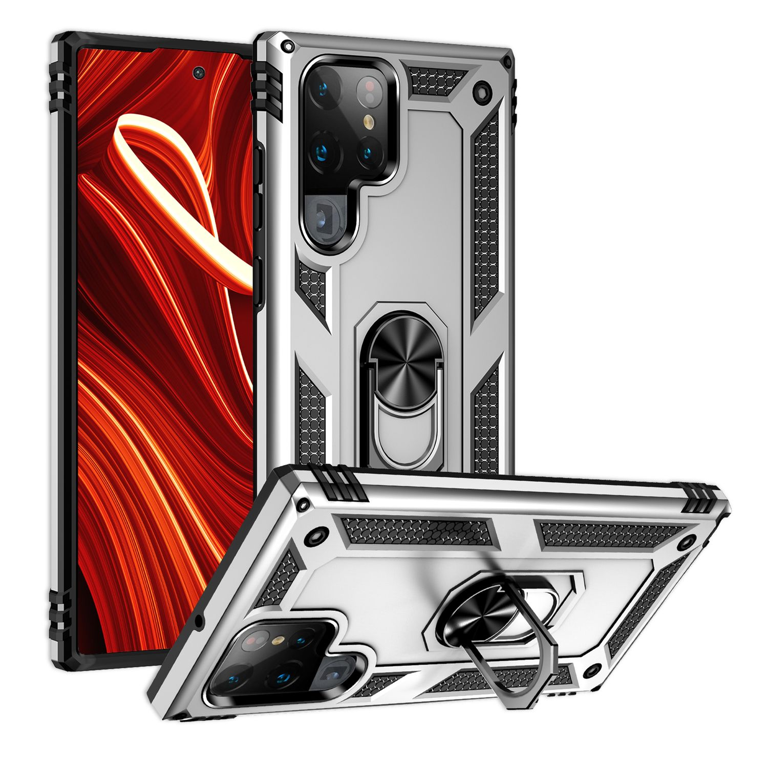 Silberne Handyhülle mit Ringhalter auf Weiß. Telefon auf rotem Hintergrund.