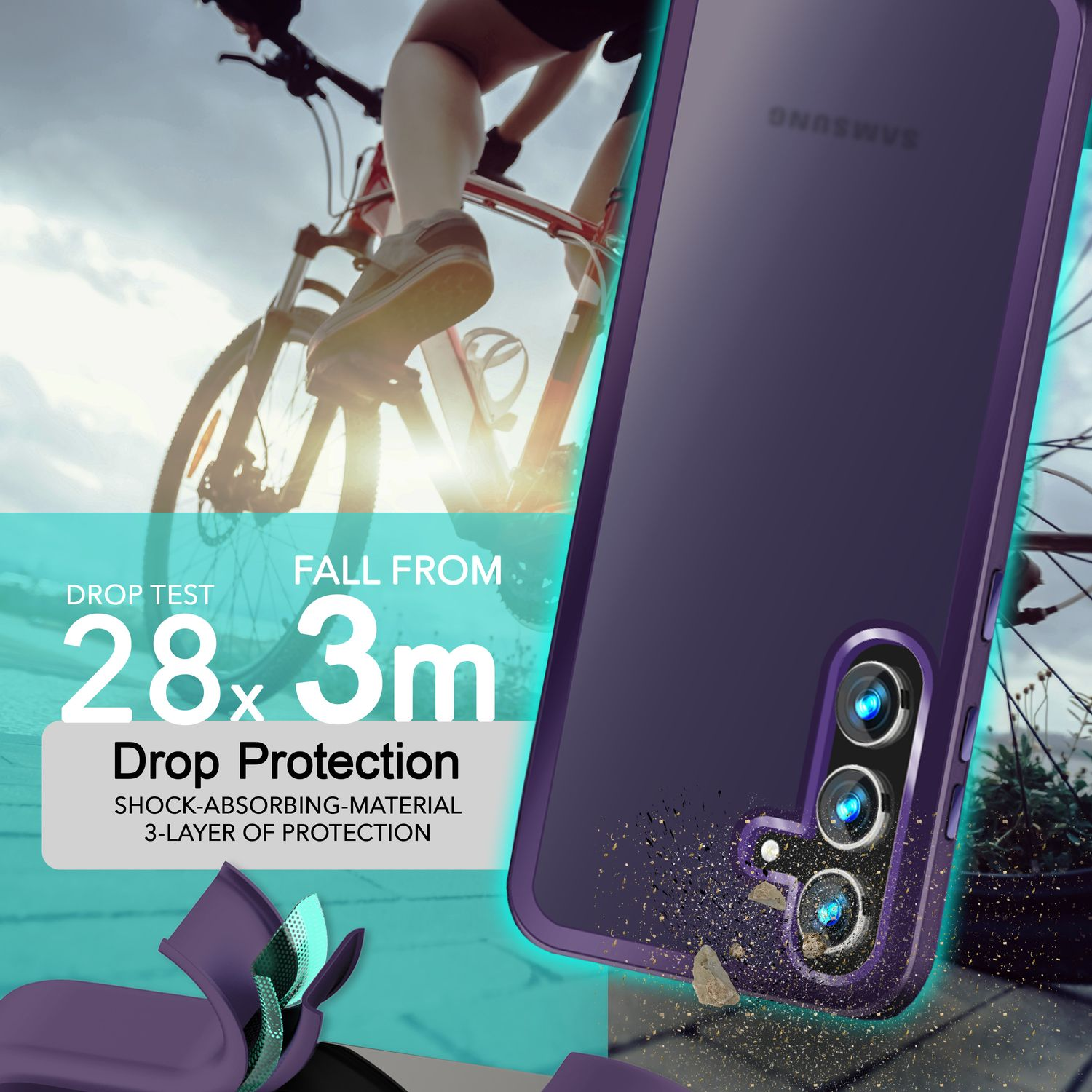 Ein Telefon in einer lilafarbenen Hülle mit Fahrrad im Hintergrund. Fallschutz mit Text.