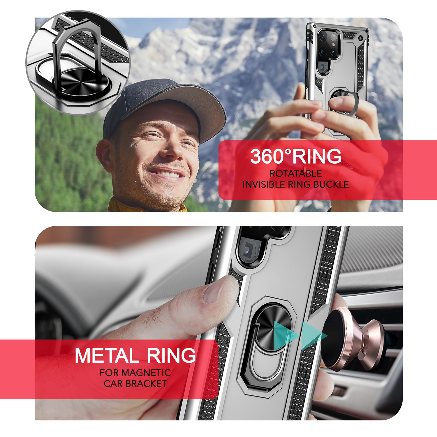 Eine Handyhülle mit einem Ringhalter. Der Ring wird verwendet, um Selfies zu machen. Auch für eine magnetische Autohalterung.
