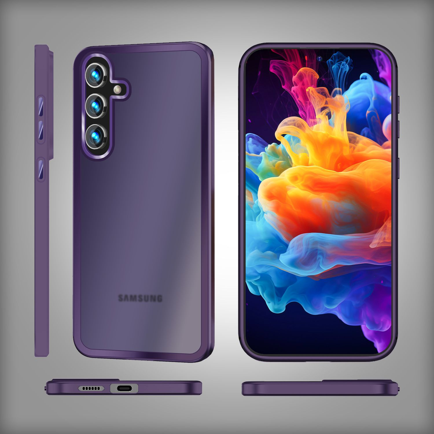 Lila Handyhülle mit Handy, Samsung-Logo. Seitenansicht. Buntes abstraktes Hintergrundbild auf dem Bildschirm.