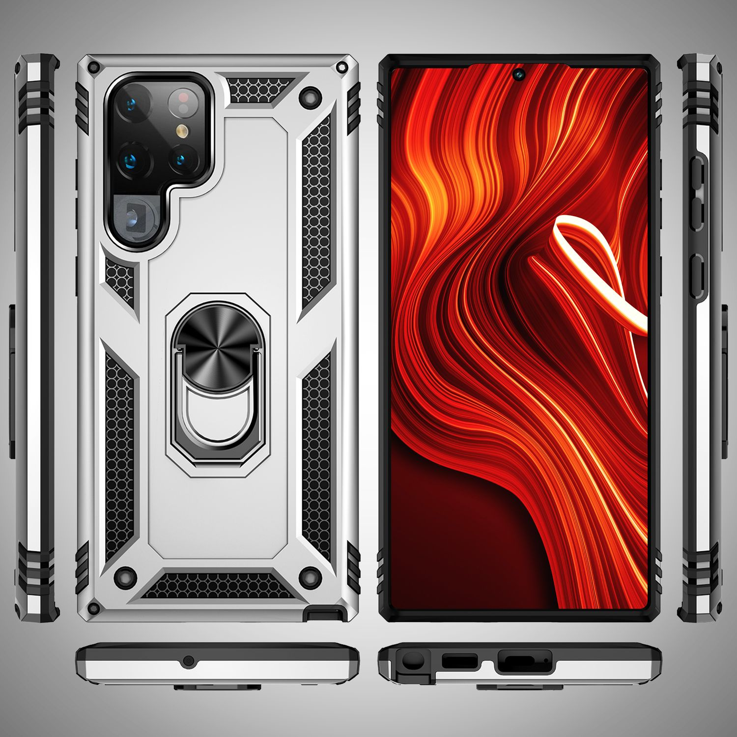 Smartphone in silber-schwarzem Gehäuse mit Ring. Bildschirm zeigt farbenfrohes Design.