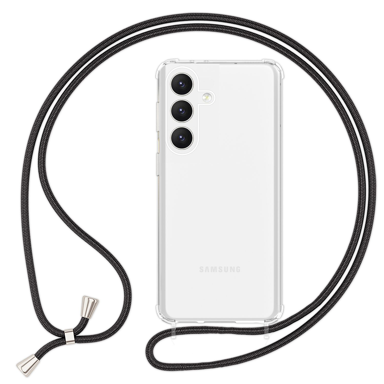 Telefon in einer transparenten Hülle mit einem schwarzen Umhängeband.