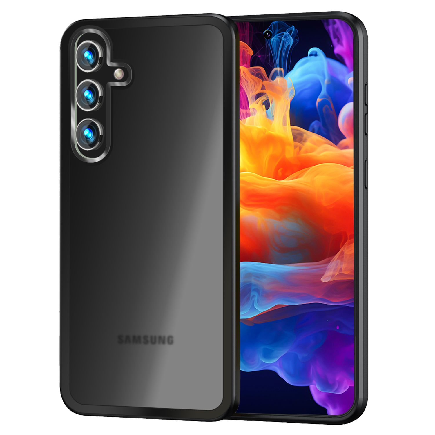 Eine schwarze Handyhülle mit transparentem Rücken, die das Telefon bedeckt. Samsung Logo sichtbar.
