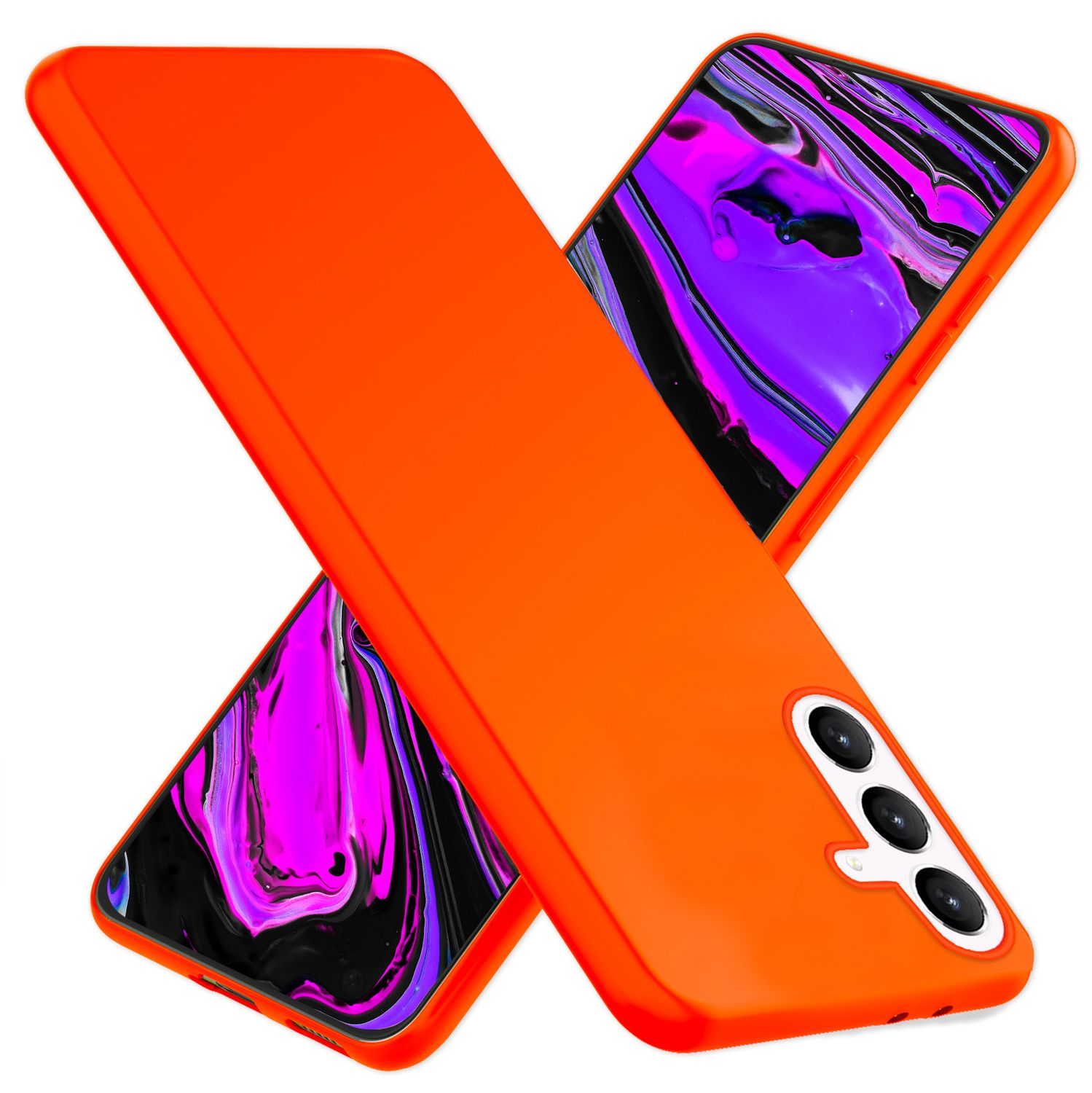 Zwei orangefarbene Handyhüllen. Eine bedeckt die andere. Lila und blauer Hintergrund auf dem Bildschirm.