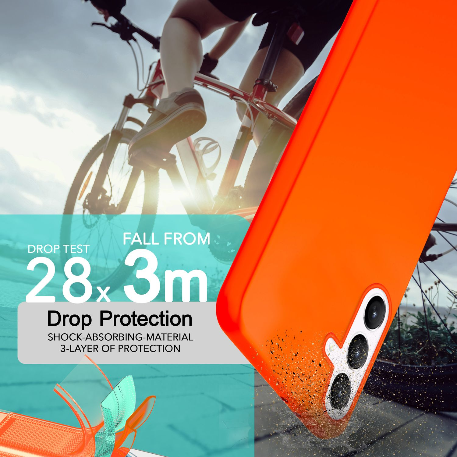 Orangene Handyhülle mit Fahrrad im Hintergrund. Falltestdaten: 28x3m Fallschutz.