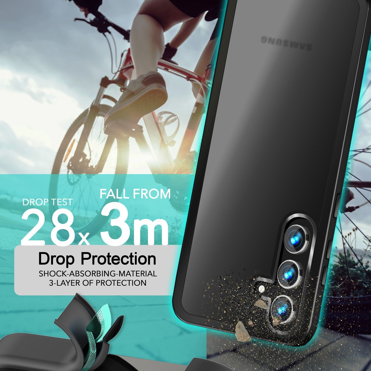Telefon in schwarzem Gehäuse mit Fahrrad im Hintergrund. Das Gehäuse hat 'Drop Protection' und '28x3m' Text.