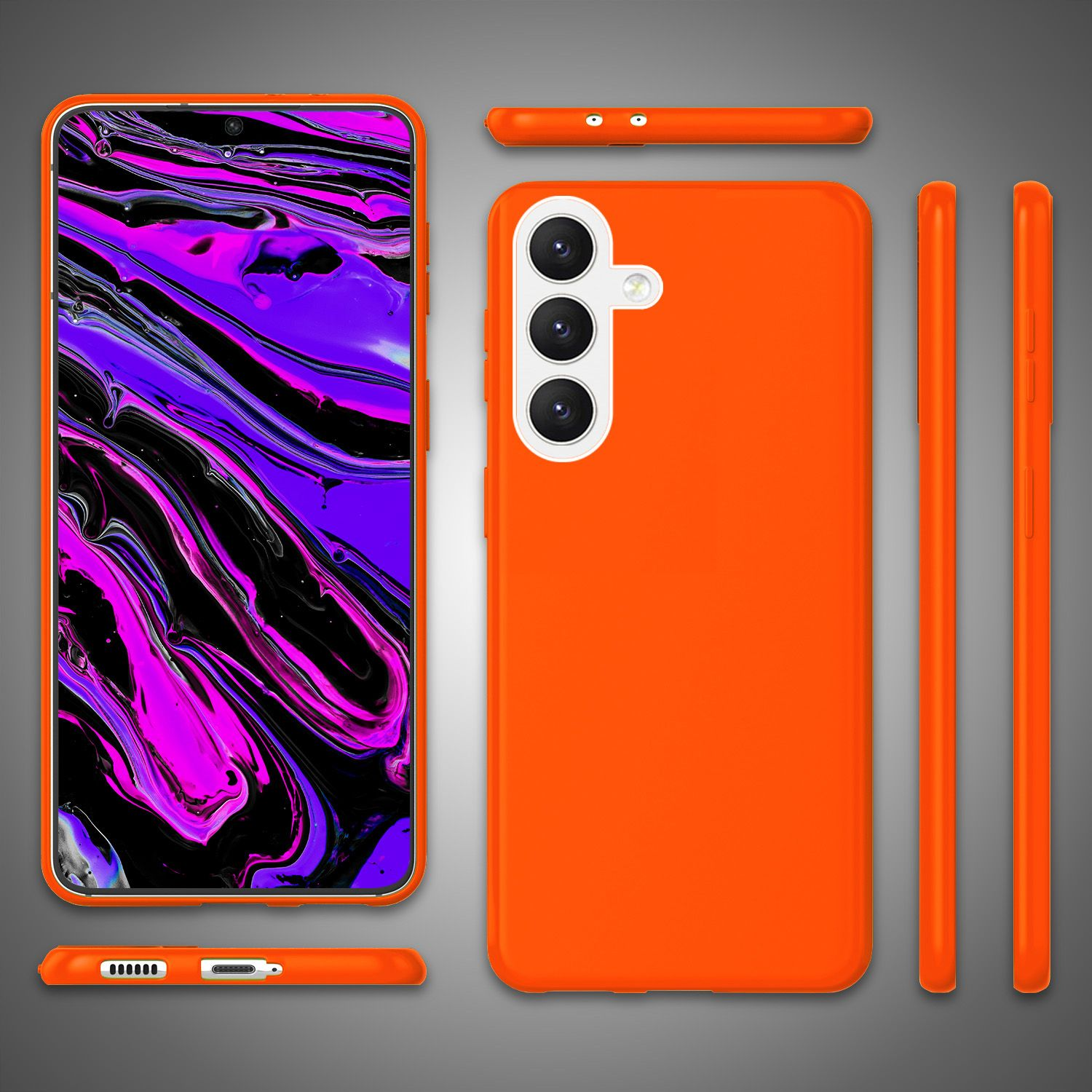 Orangefarbene Handyhülle mit Telefon, mit Kamera und Bildschirmansicht, sowie Seitenansichten.