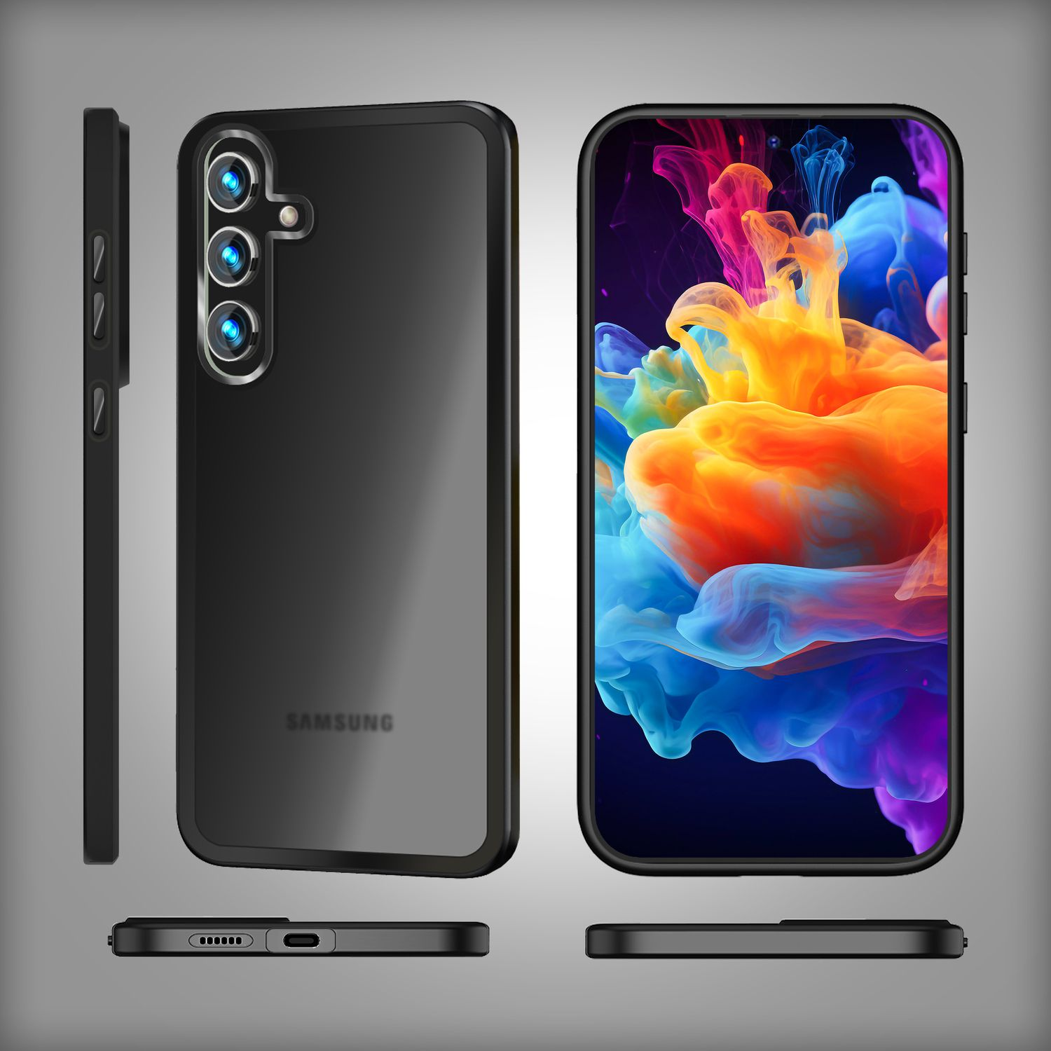 Telefon in schwarzer Hülle, mehrere Seitenansichten, mit bunter Kunst auf dem Bildschirm.