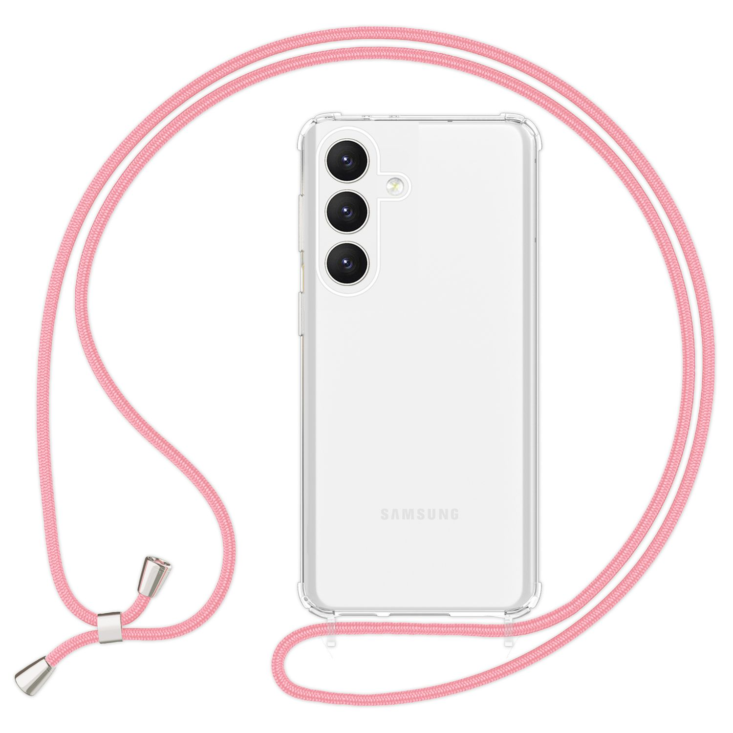 Transparente Handyhülle mit pinkfarbener Kordel. Drei Kameras, weißes Telefon.