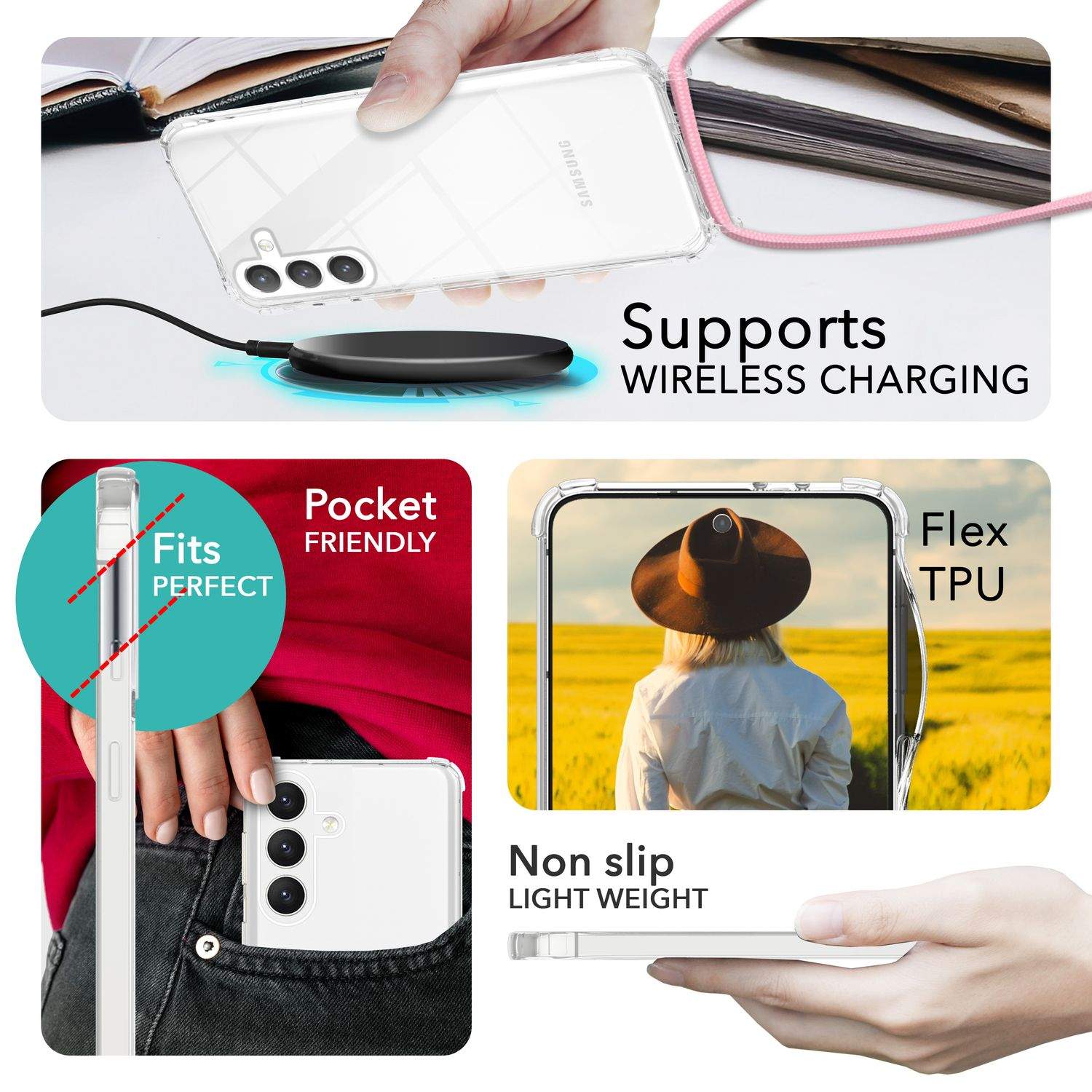 Eine transparente Handyhülle wird auf einem Telefon, in einer Tasche und kabellos angezeigt.