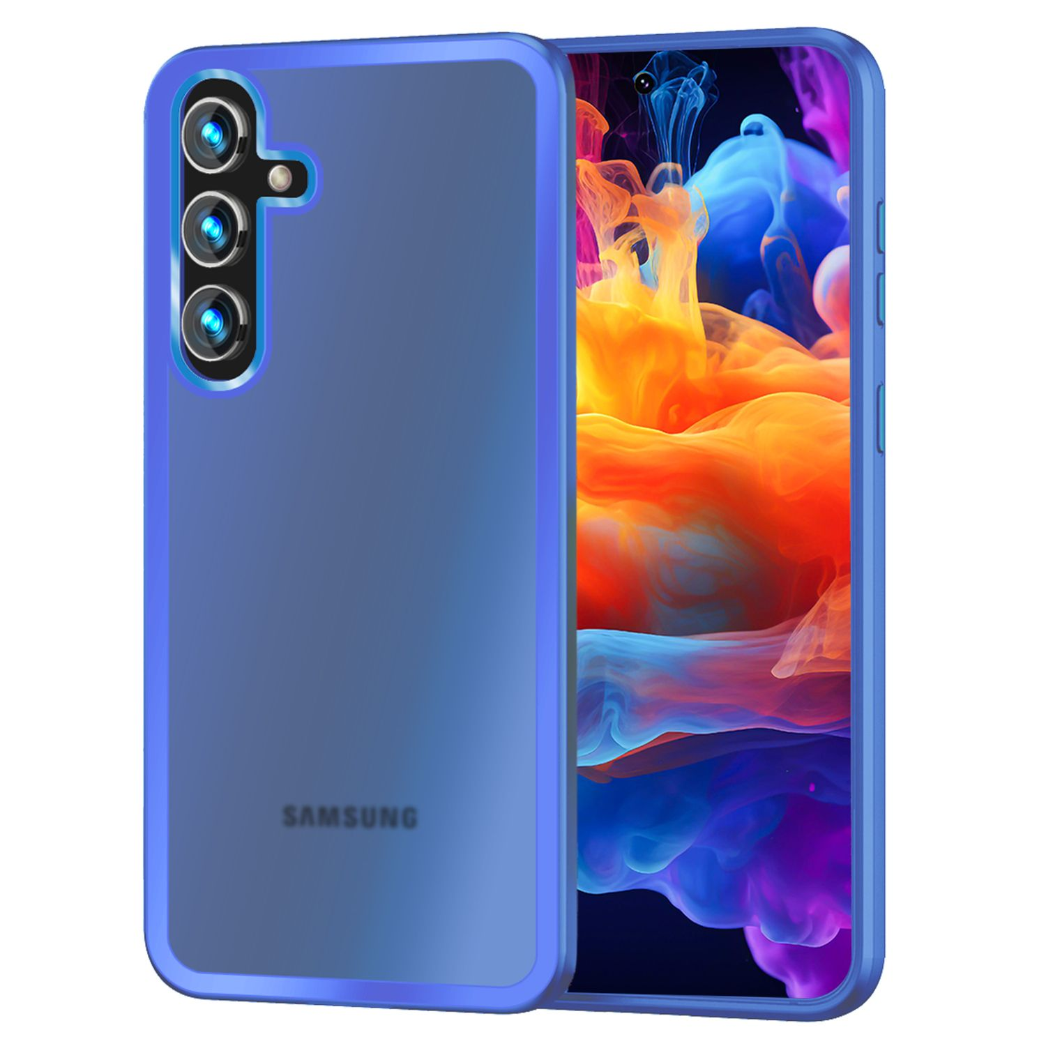 Blaue Handyhülle mit farbigem Hintergrund und Samsung-Logo auf Weiß.