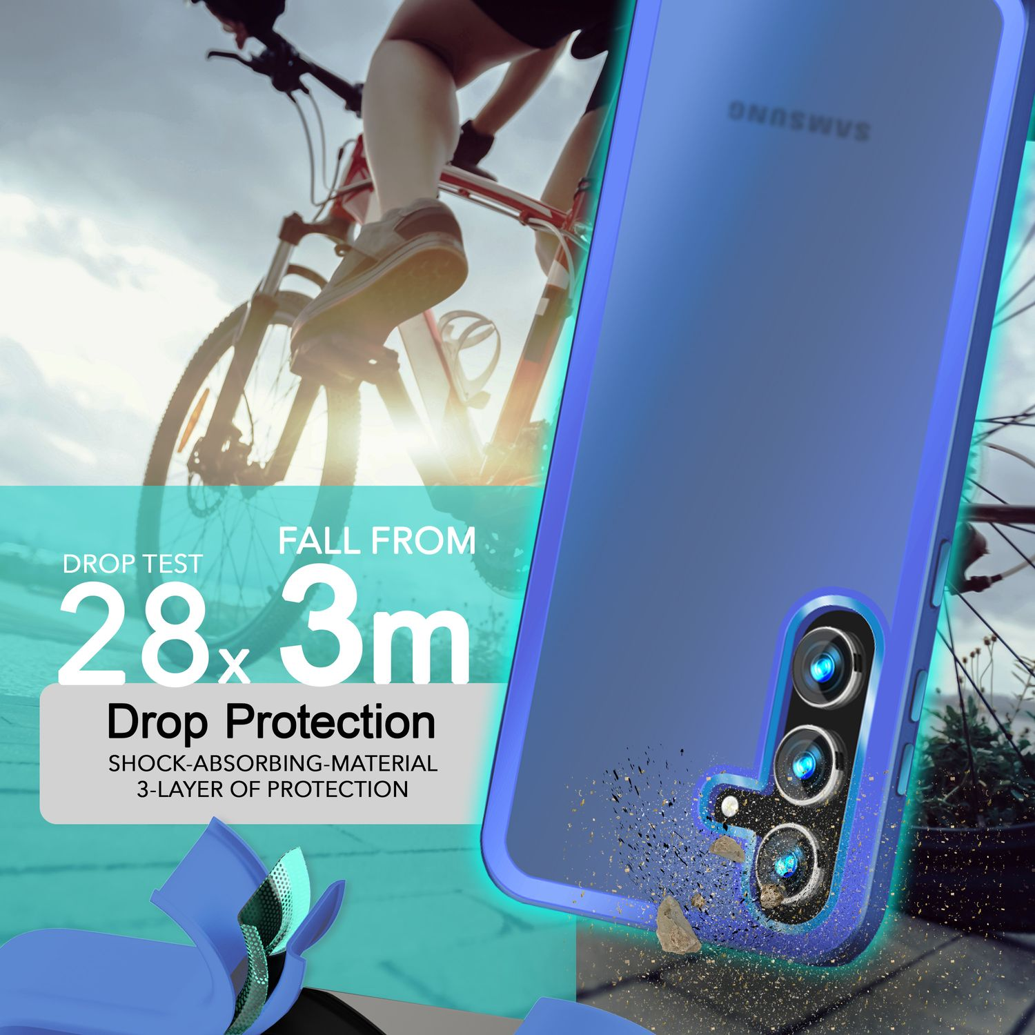 Ein Telefon in einer blauen Hülle, die Fallschutz veranschaulicht. Text zeigt 2,8 m Falltest.