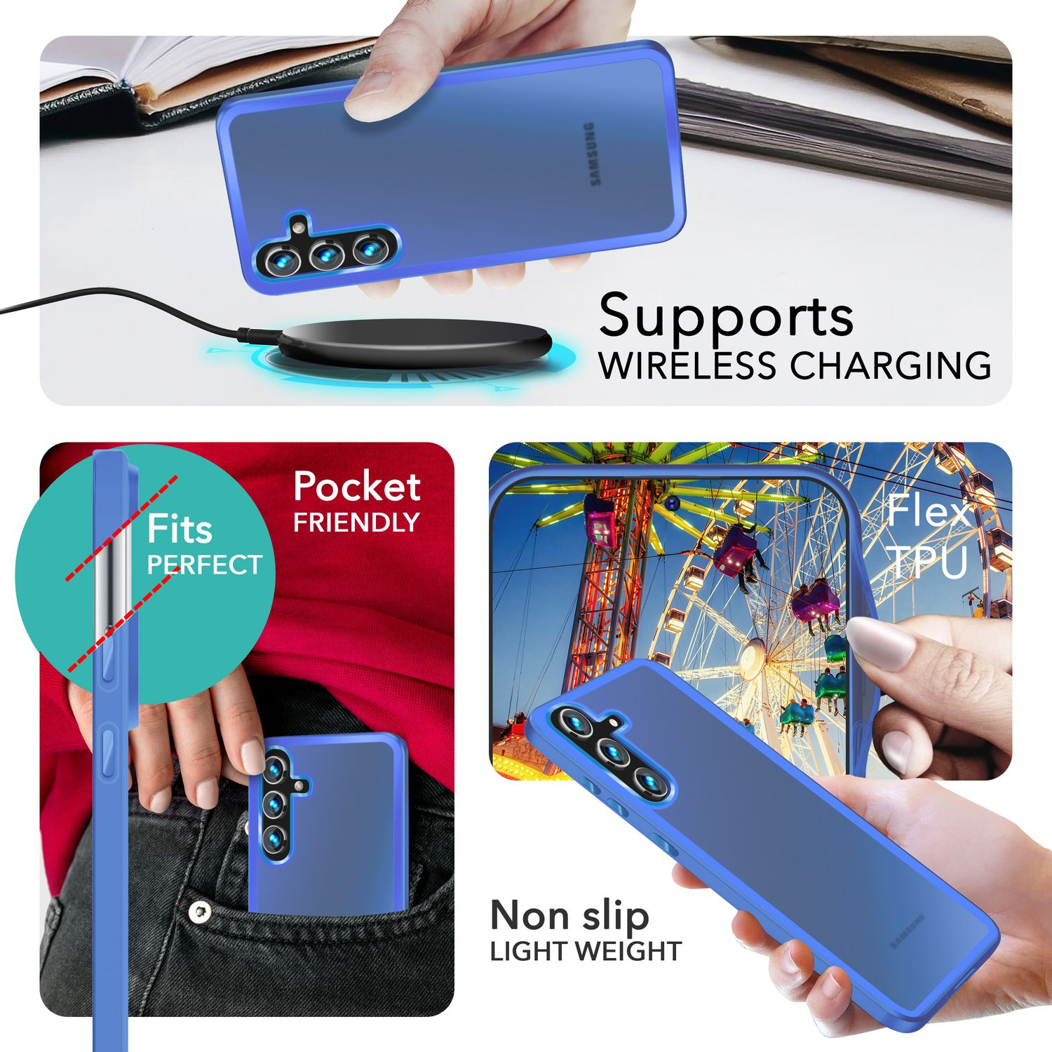 Eine blaue Handyhülle mit Telefon. Zeigt kabelloses Laden, taschenfreundliche und flexible TPU-Funktionen.