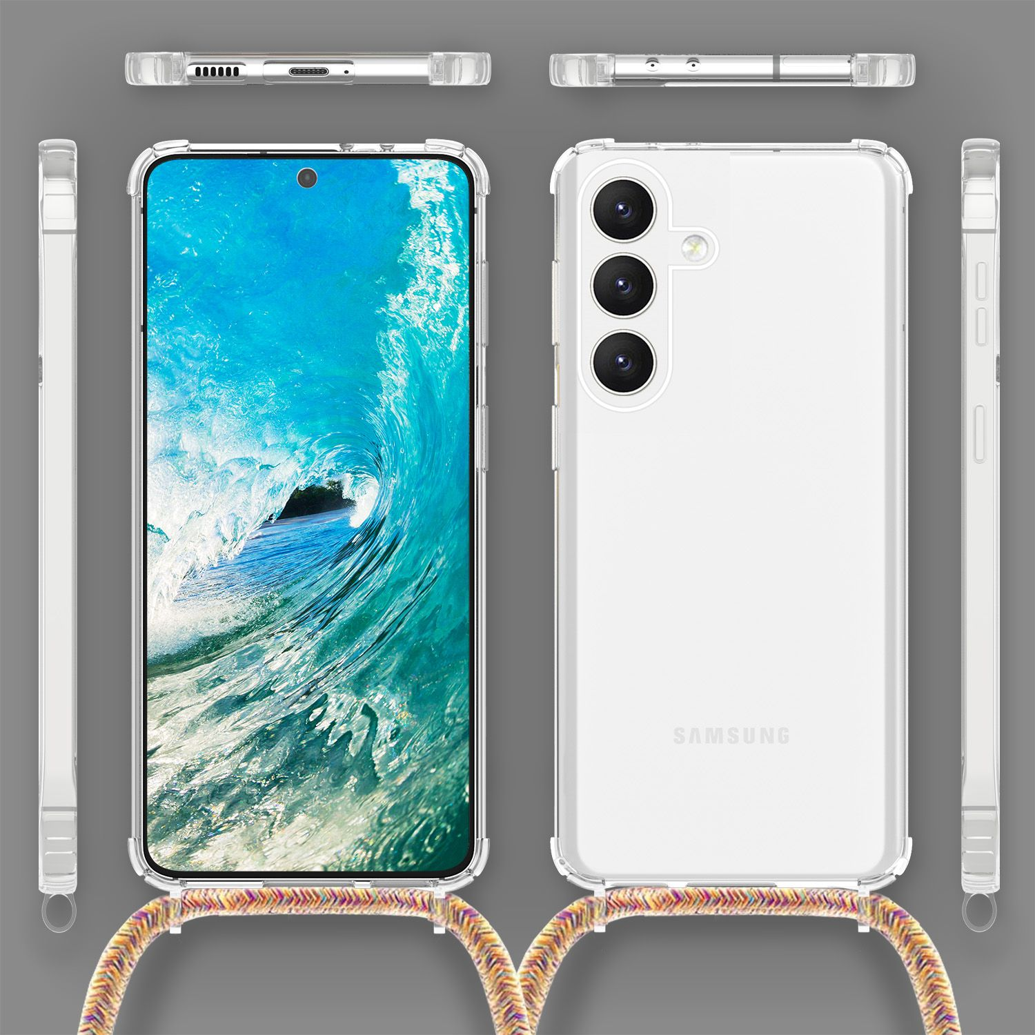 Telefon in einer transparenten Hülle. Die Hülle hat einen dekorativen Riemen. Das Telefon ist weiß.