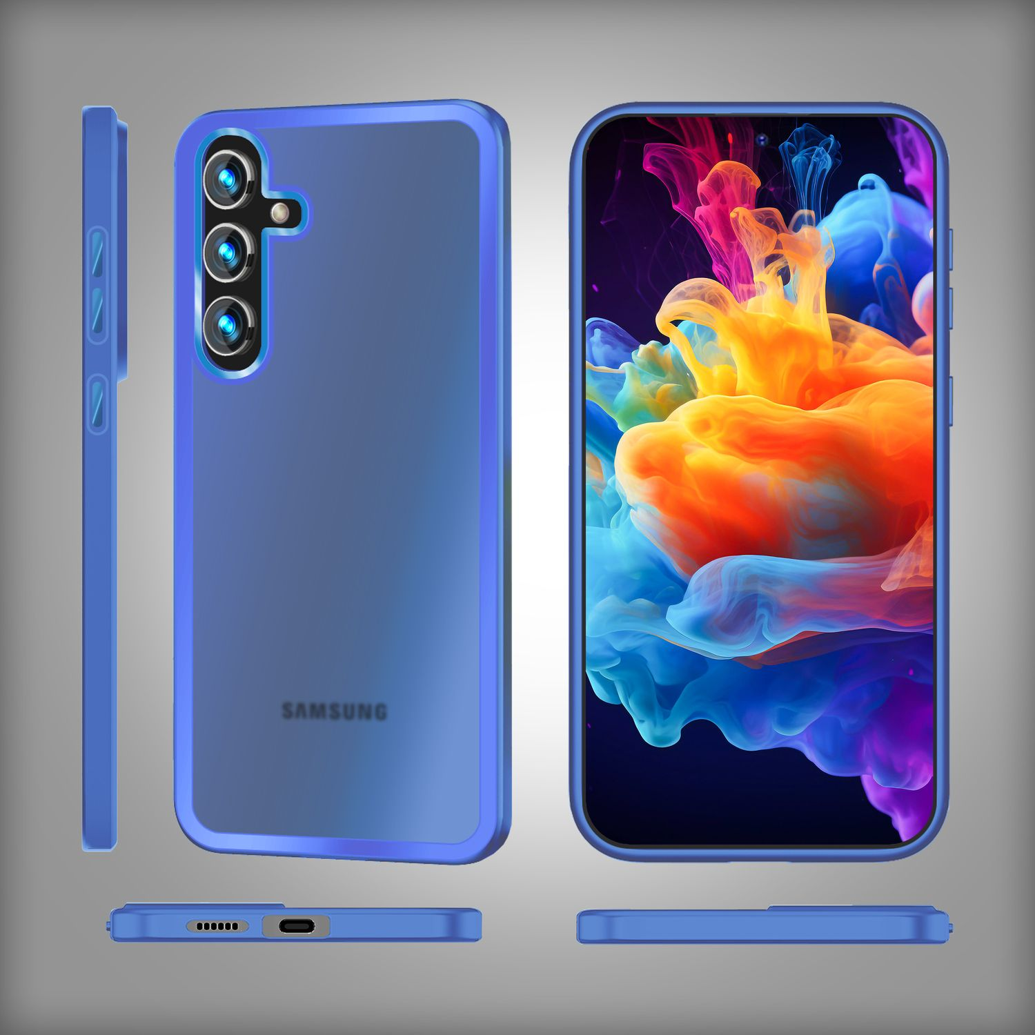 Blaue Handyhülle mit mehreren Ansichten, zeigt Design und Kameradetails.