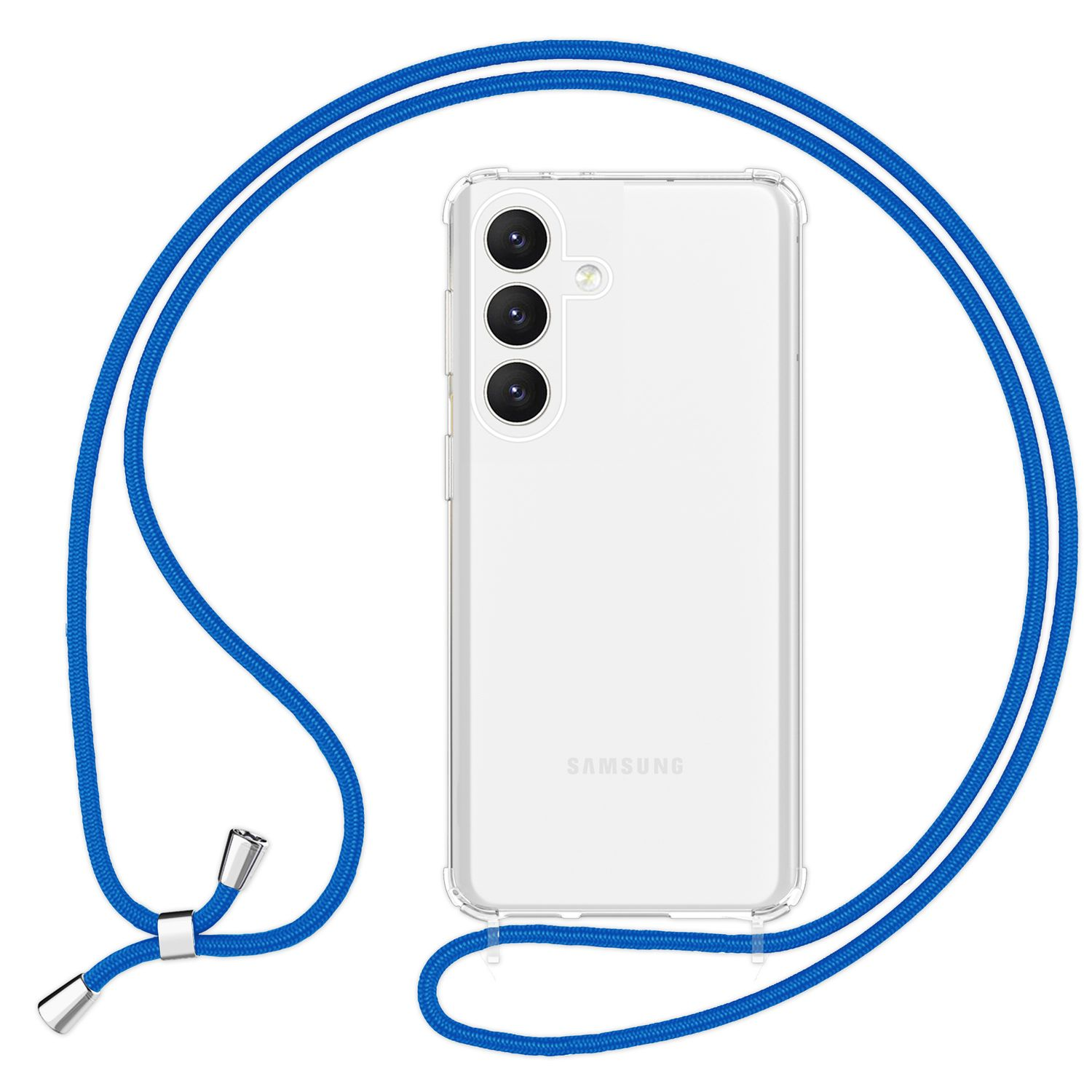 Eine transparente Handyhülle mit blauem Umhängeband, hält ein Telefon mit drei Kameras.