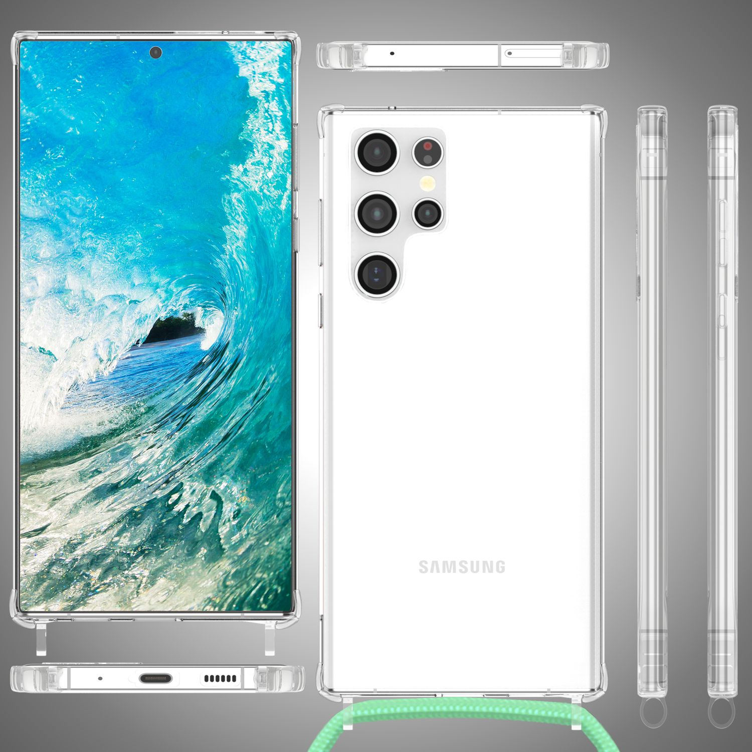 Telefon mit transparenter Hülle. Das Telefon befindet sich auf weißem Hintergrund mit mehreren Ansichten.