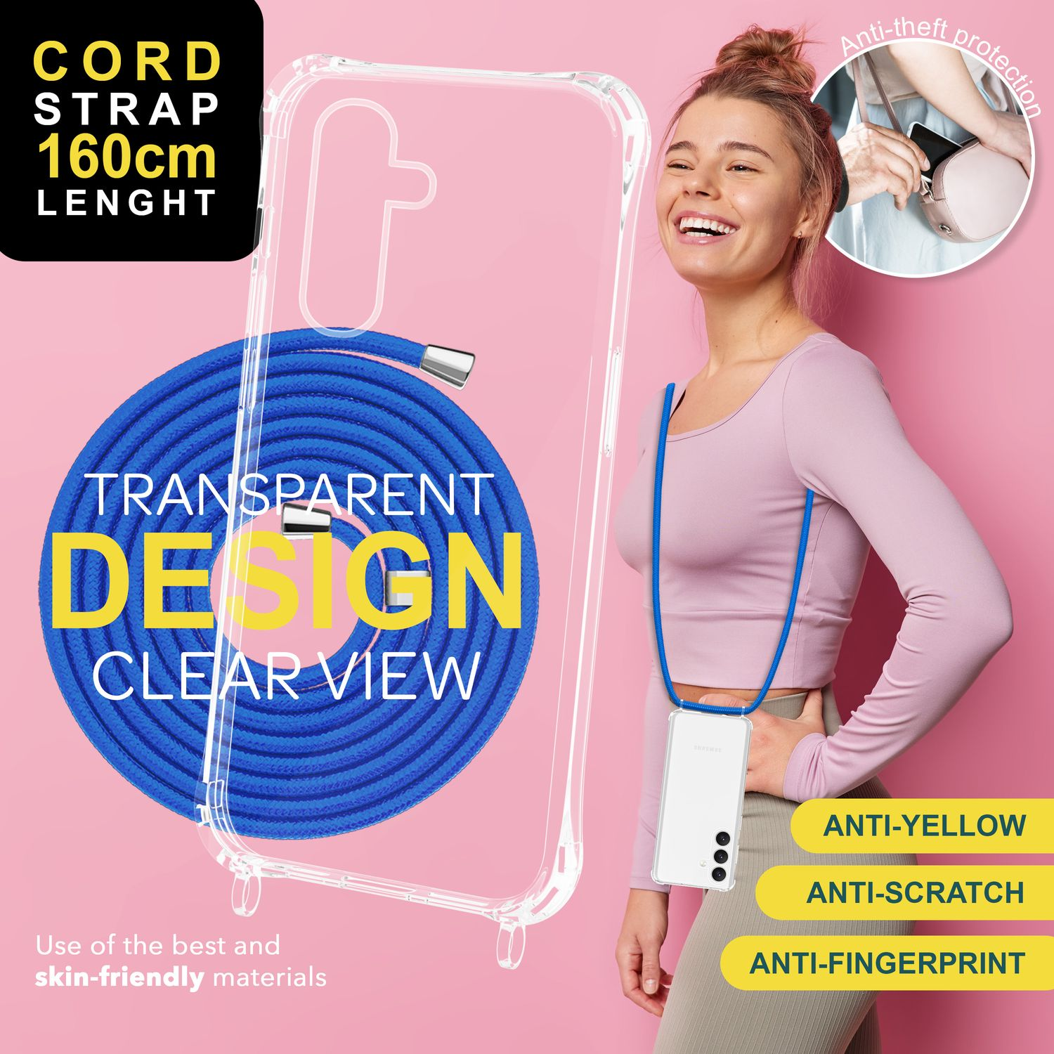 Eine Frau mit einer Handyhülle an einem Riemen. Text zeigt "transparentes Design" und "Diebstahlschutz".