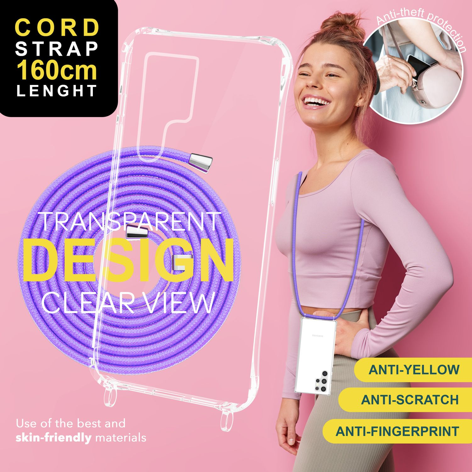 Handyhülle mit Kordel, transparentem Design und Text über Materialien und Schutz.