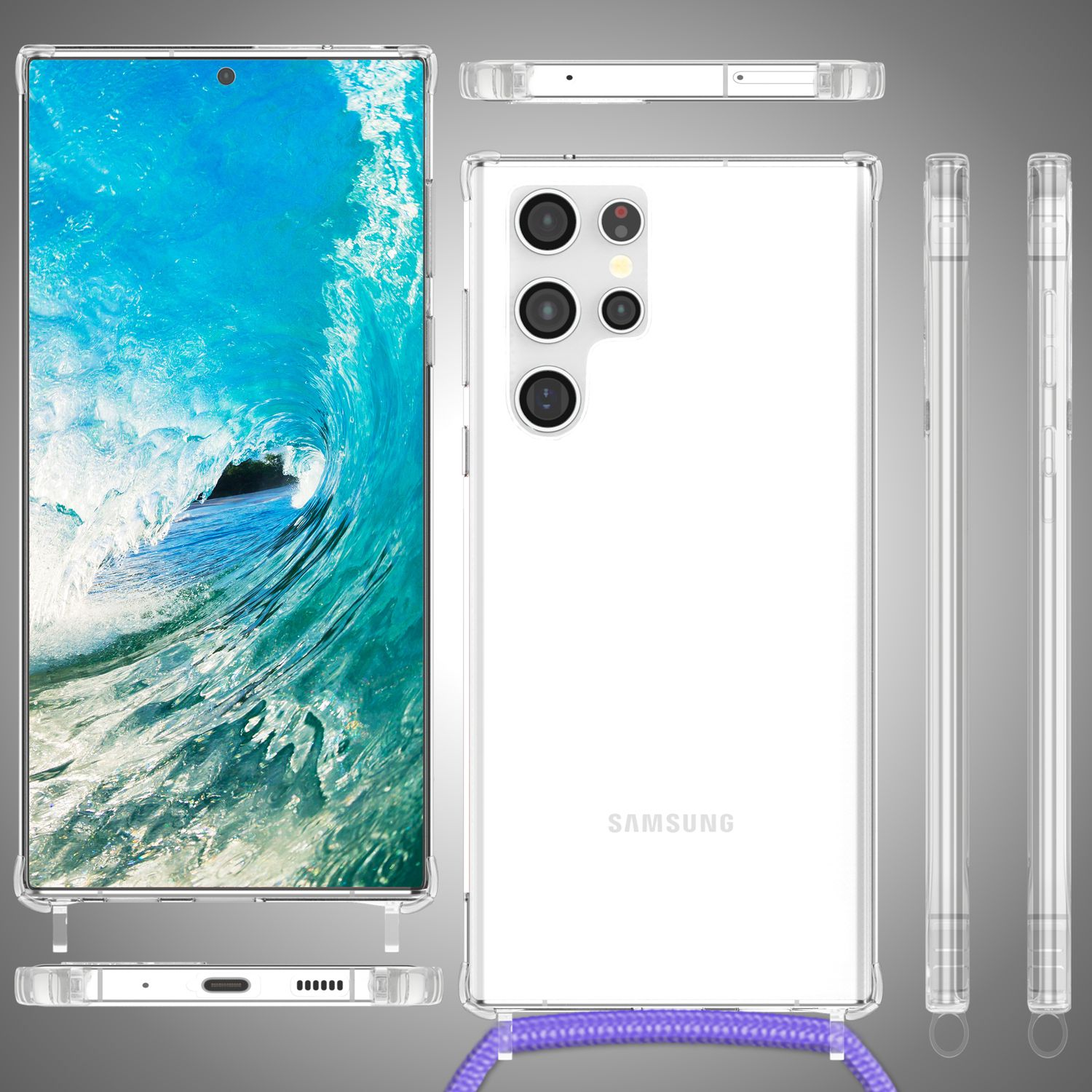 Telefon mit einer durchsichtigen Hülle. Das Gehäuse ermöglicht mehrere Ansichten des Telefons.
