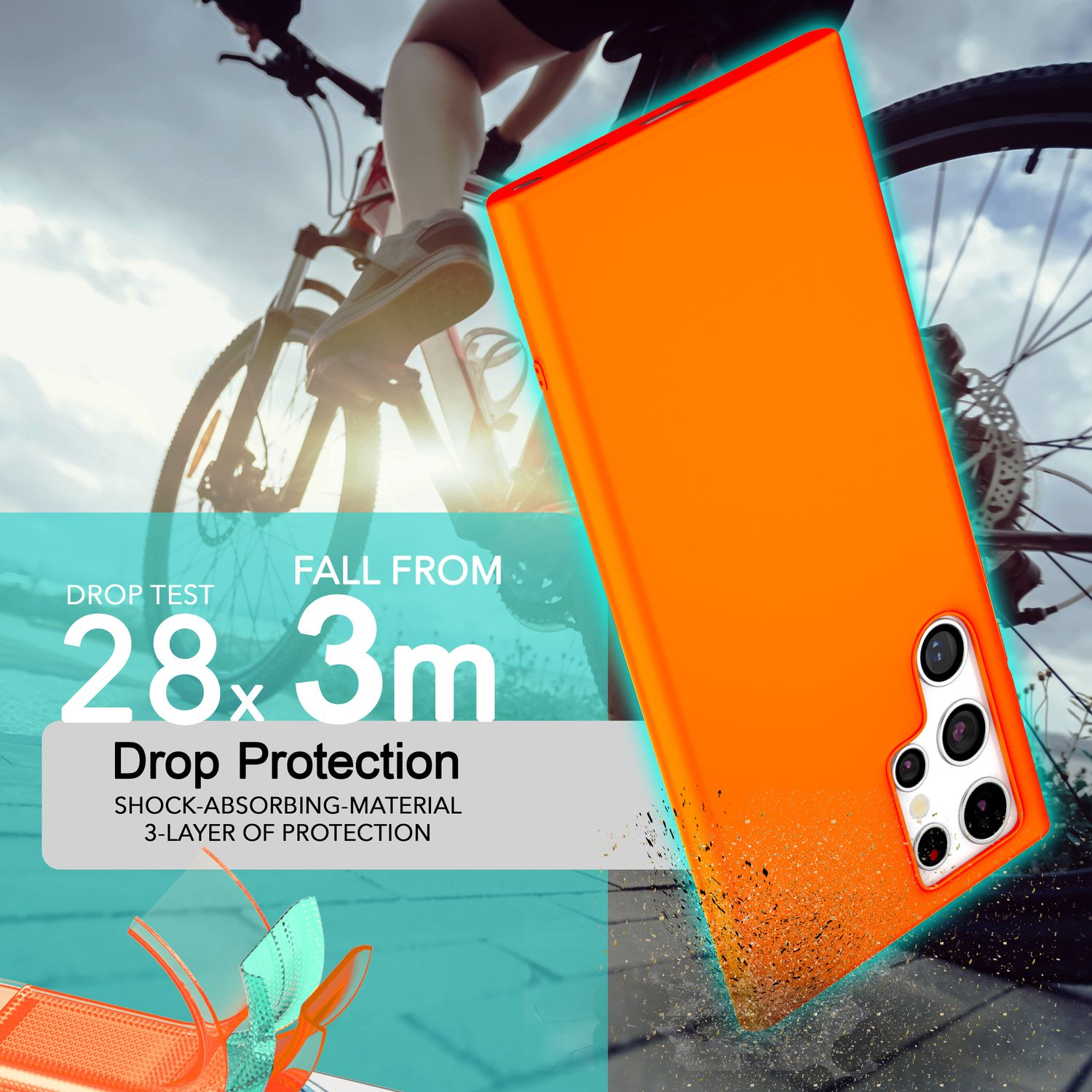 Coque de téléphone orange avec vélo et informations de test de chute.