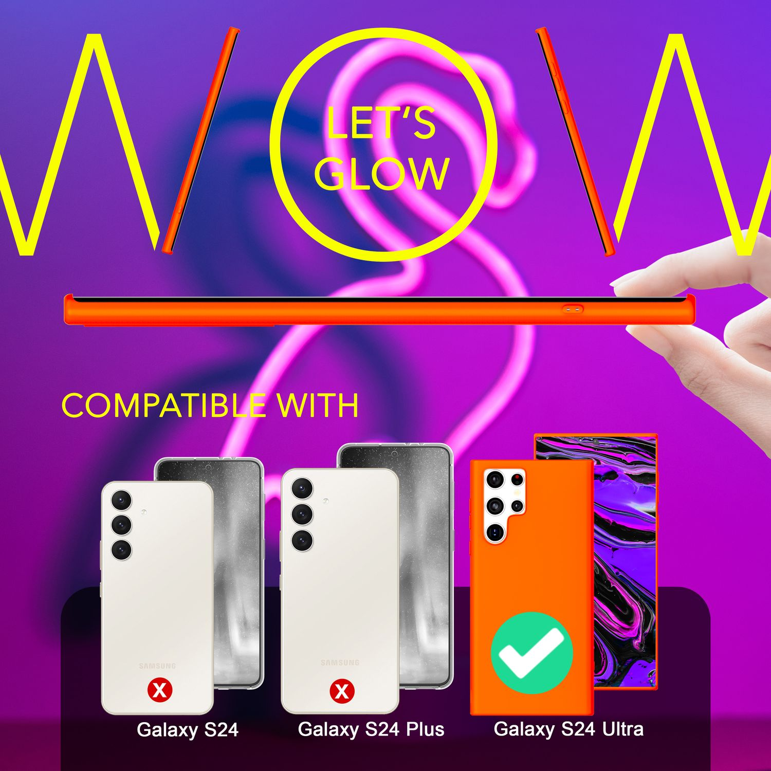 Un ensemble d'étuis de téléphone montre la compatibilité avec le Galaxy S24 Ultra. Deux modèles Galaxy S24 ne sont pas compatibles.