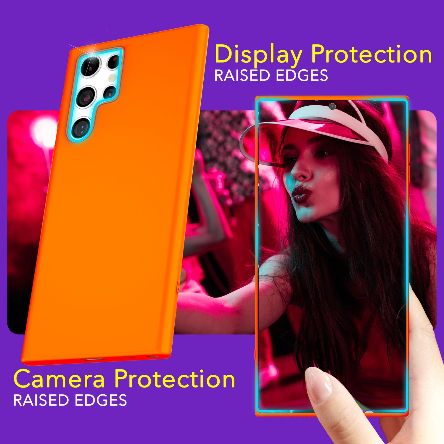 Une coque de téléphone orange avec protection d'écran. Une femme porte une visière et la coque mentionne la protection de la caméra.