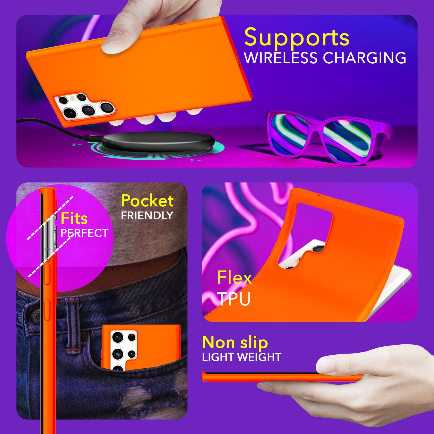 Coque de téléphone orange avec un téléphone. Texte : Pocket Friendly, Prend en charge le chargement sans fil, Antidérapant, Léger.