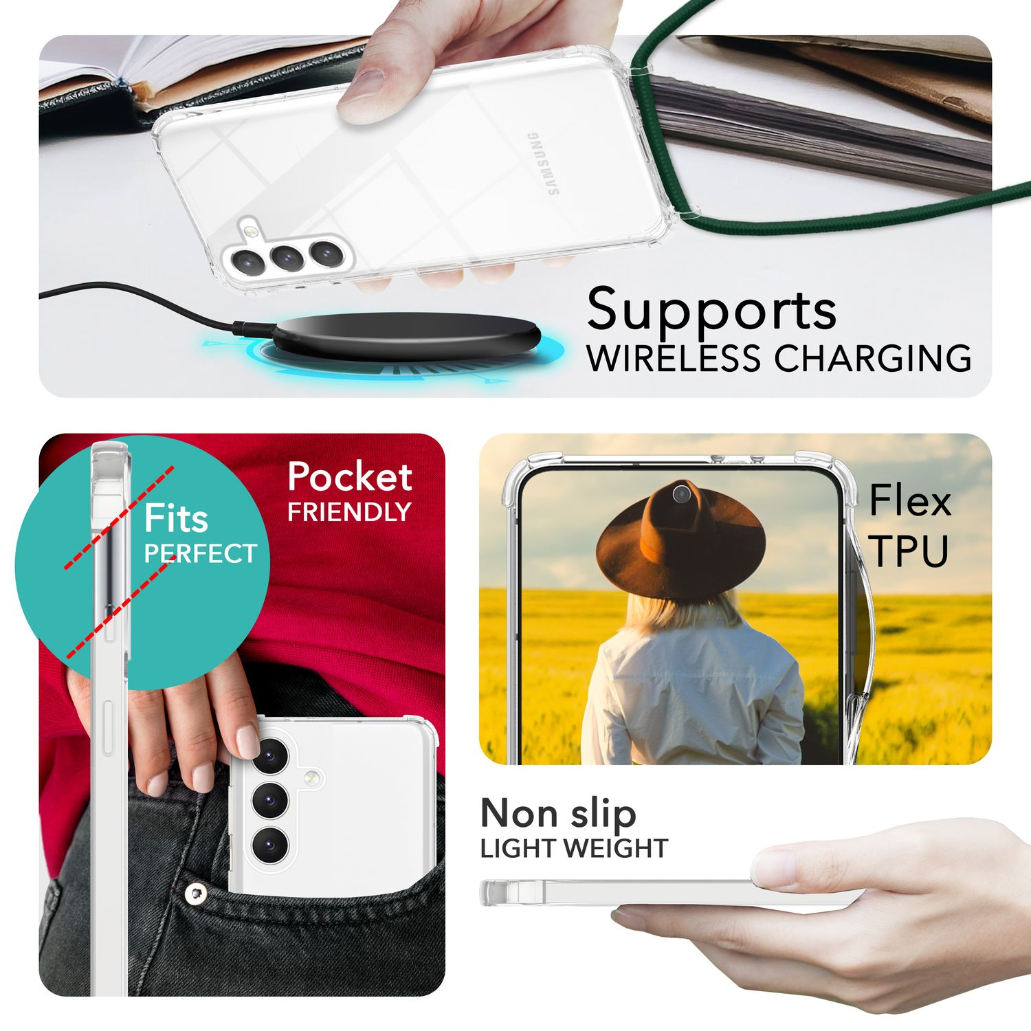 Eine transparente Handyhülle, die ein Telefon zeigt. Sie unterstützt kabelloses Laden und ist taschenfreundlich.