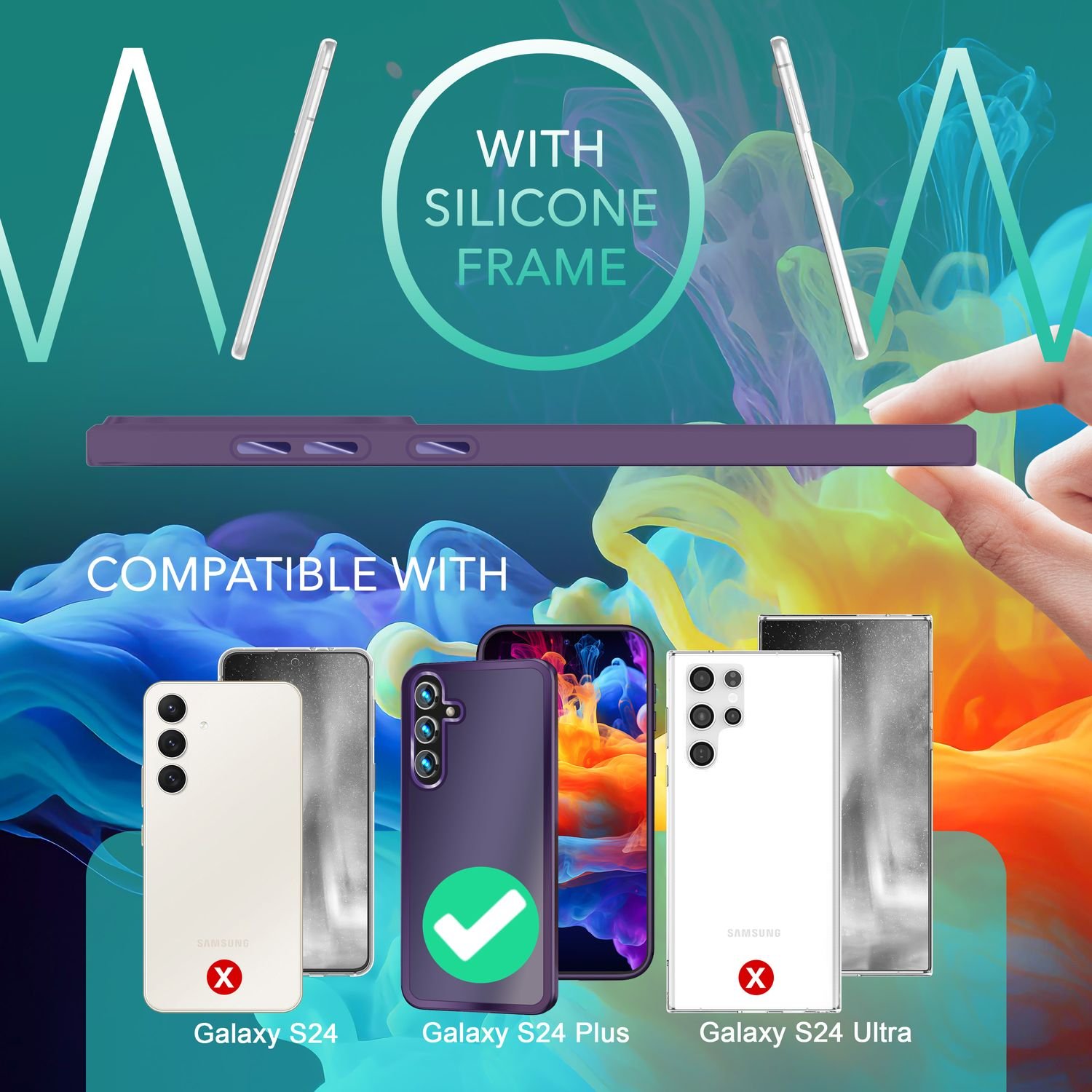 Handyhüllen mit Handys. Die Hüllen sind lila. Die Telefone sind weiß und schwarz. Die Hüllen sind mit Galaxy S24 Plus kompatibel.