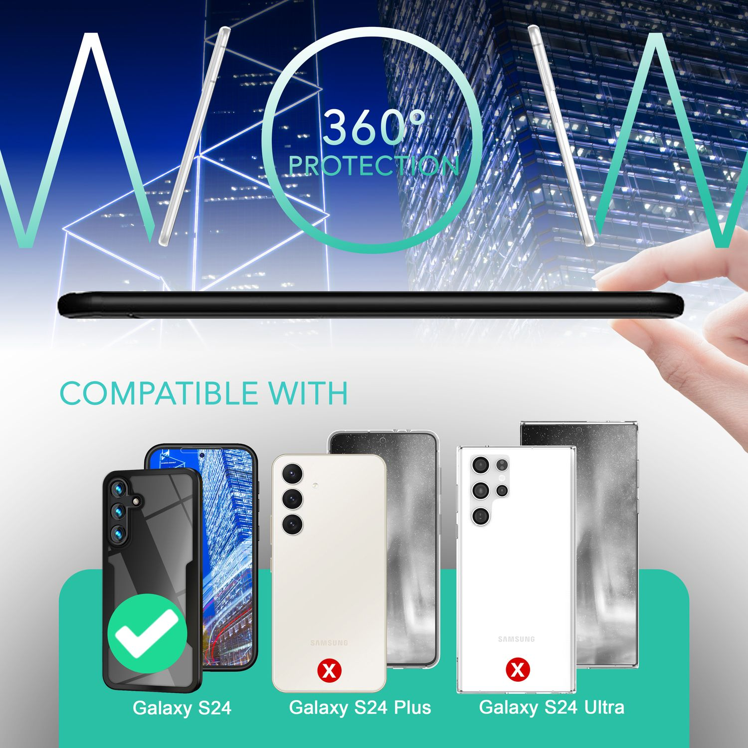 Ein Telefon mit Displayschutzfolie und eine Hand, die ein Telefon hält. Die Telefone sind mit Galaxy S24 kompatibel.