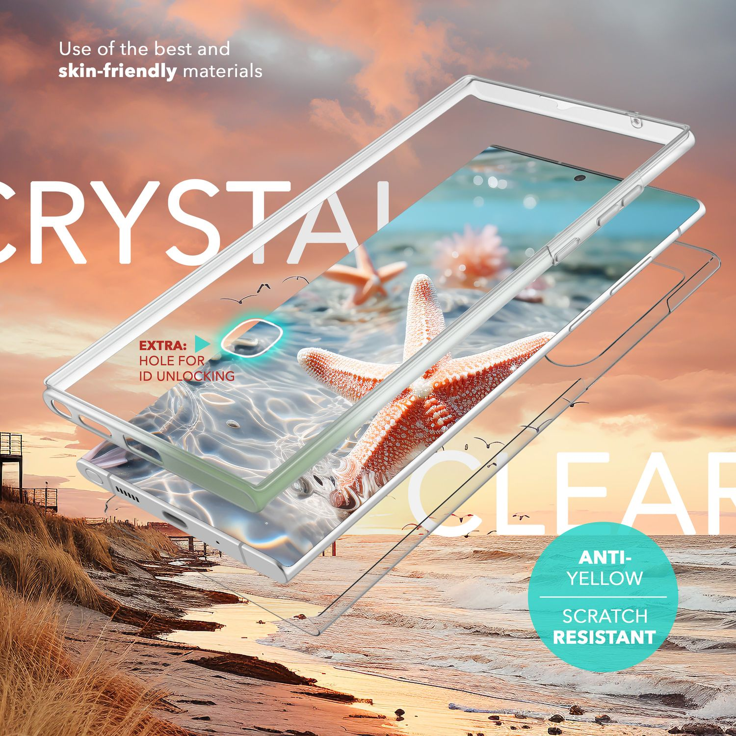 Eine Handyhülle mit Telefon, Strandhintergrund, transparente Hülle, gelbungsfrei und kratzfest.