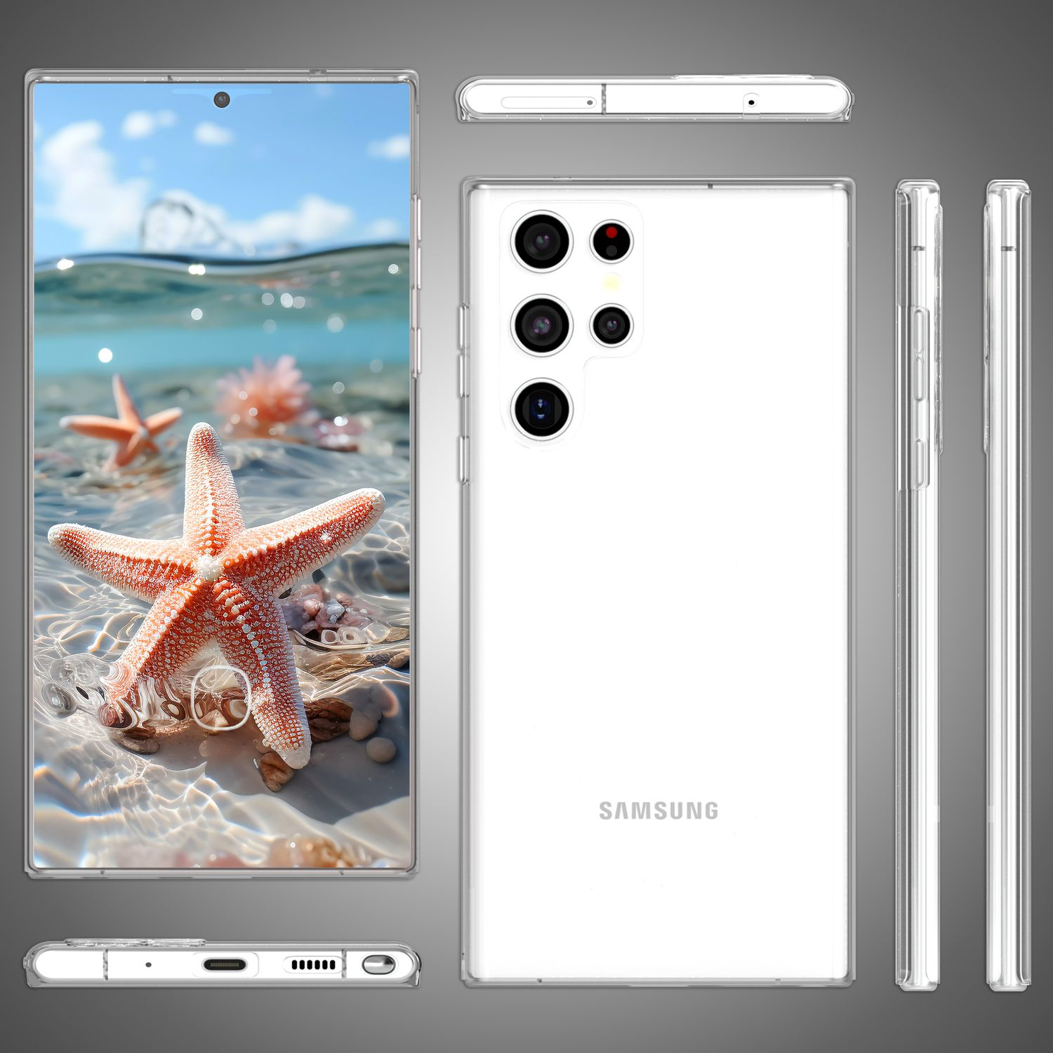 Weißes Telefon in verschiedenen Ansichten. Seestern und Muscheln am Strand im Hintergrund. Transparente Handyhülle um das Telefon.