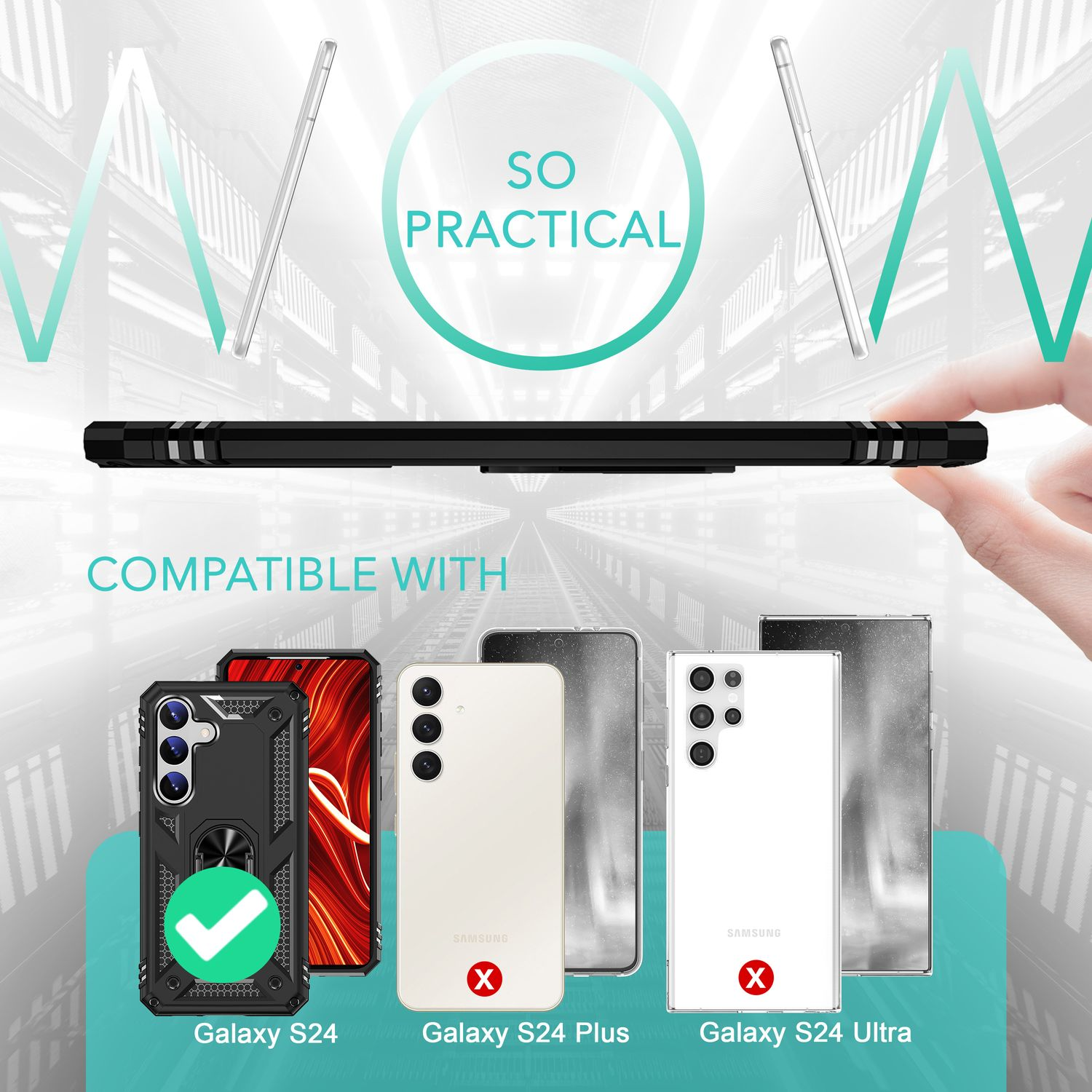 Una funda negra con diseño práctico, compatible con modelos Samsung Galaxy S24.