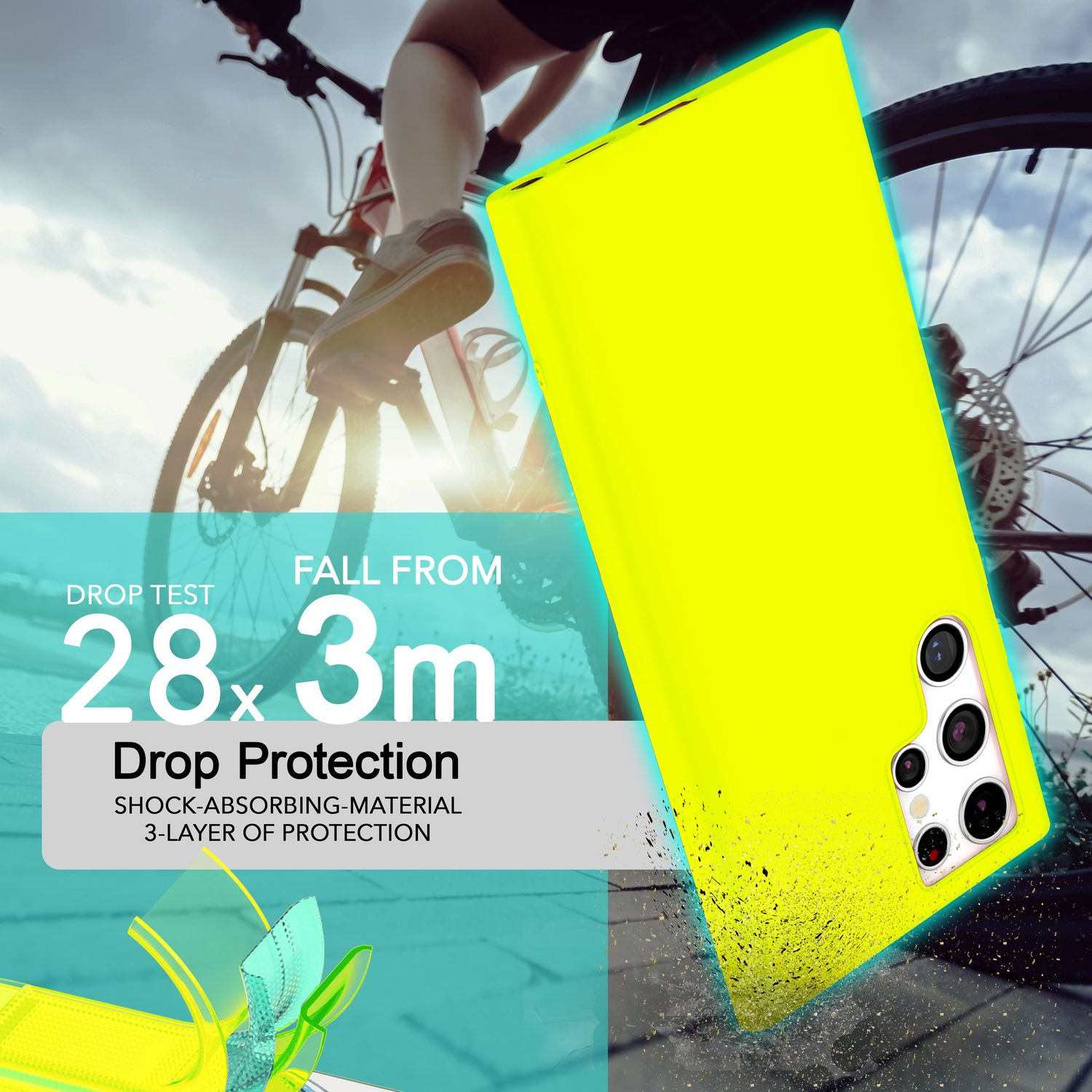 Une coque de téléphone jaune utilisée, illustrant la protection contre les chutes d'une hauteur de 2,8 mètres.