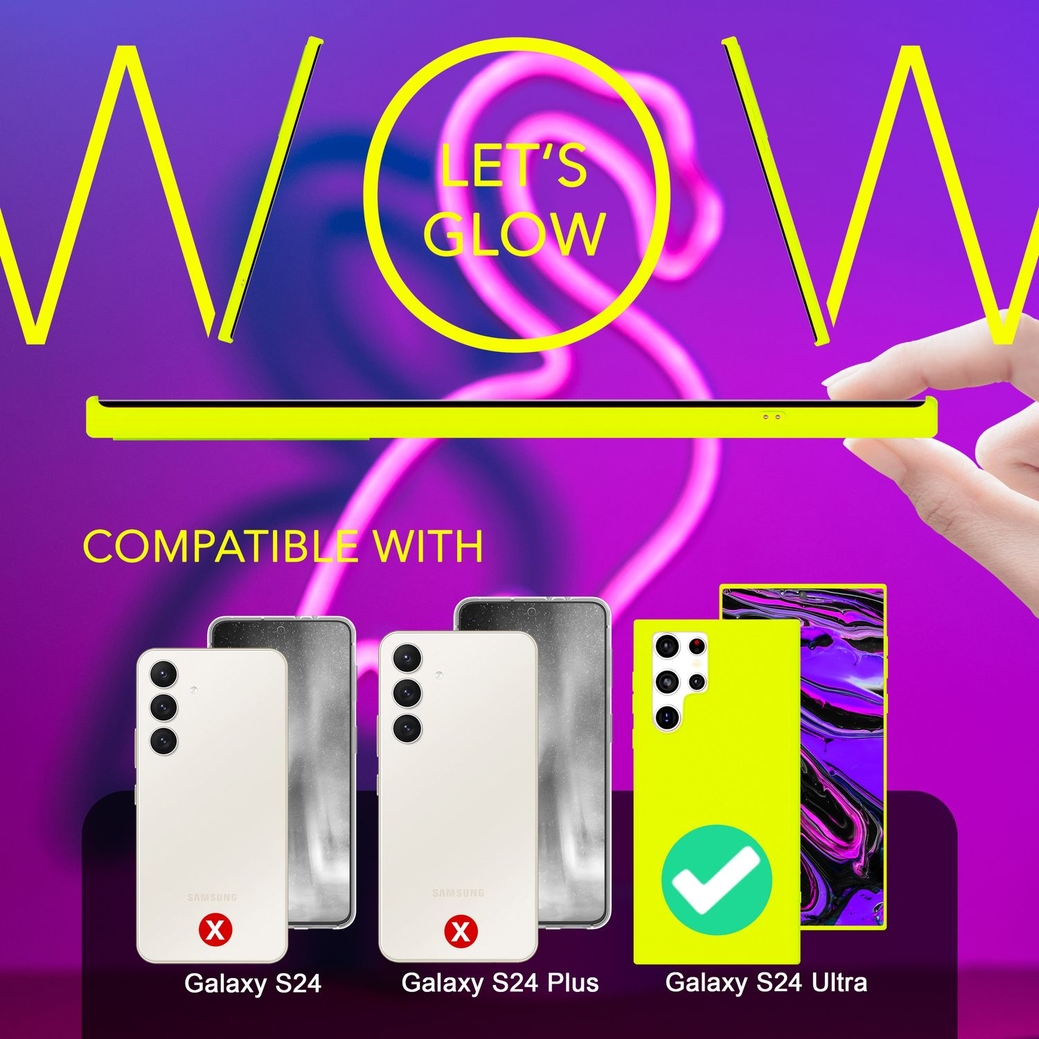 Enseigne au néon 'WOW LET'S GLOW'. Des coques de téléphone, avec des téléphones compatibles, sont affichées ci-dessous.