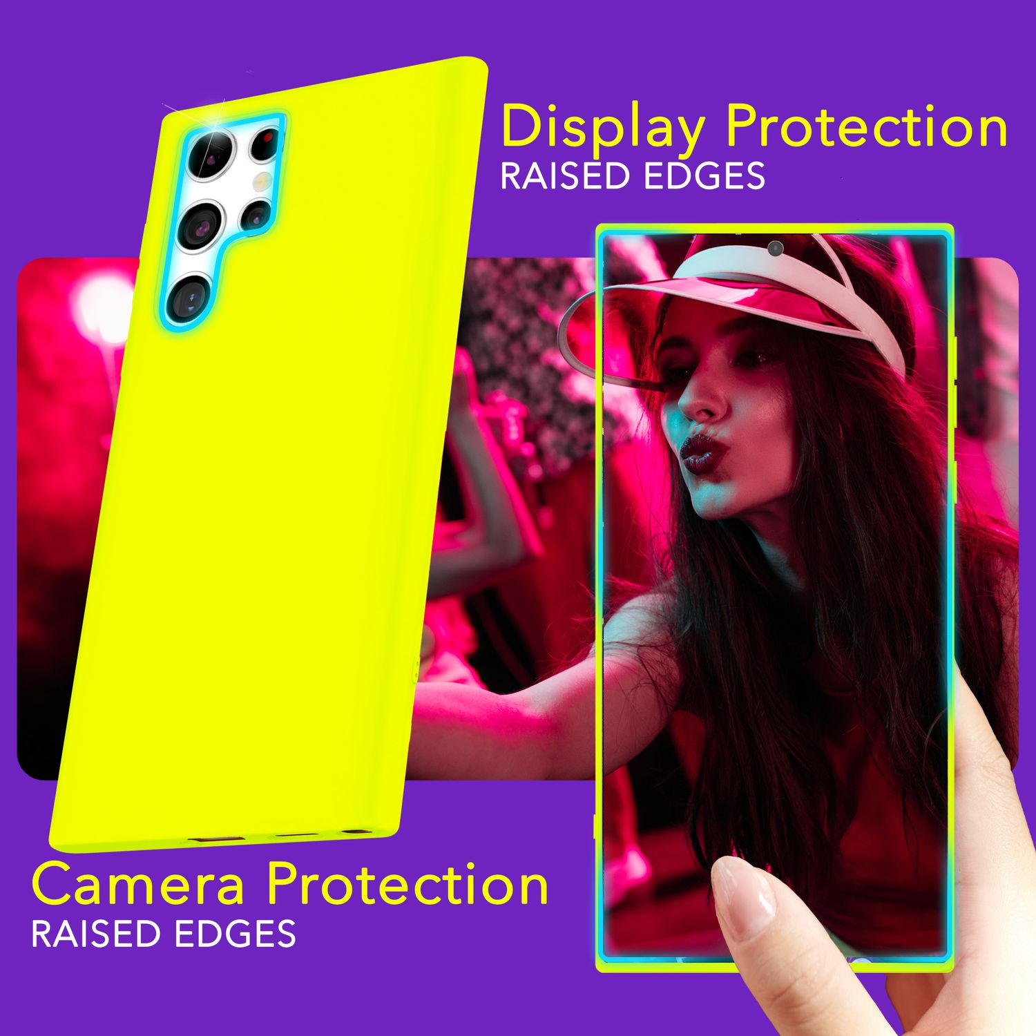 Coque de téléphone jaune avec des bords surélevés. Femme en arrière-plan tenant un téléphone avec un cadre jaune. Protection d'écran.