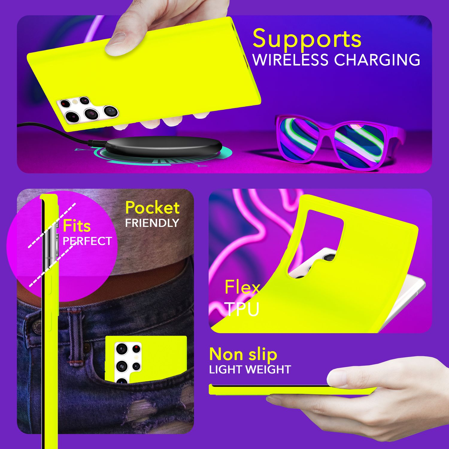 Une coque de téléphone jaune néon avec chargement sans fil et fonctionnalités de poche.