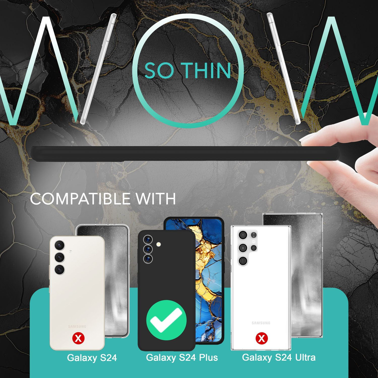 Handyhüllen mit Handys. Die Hüllen sind schwarz. Die Telefone sind weiß und schwarz. Die Hüllen sind mit Galaxy S24 Plus kompatibel.