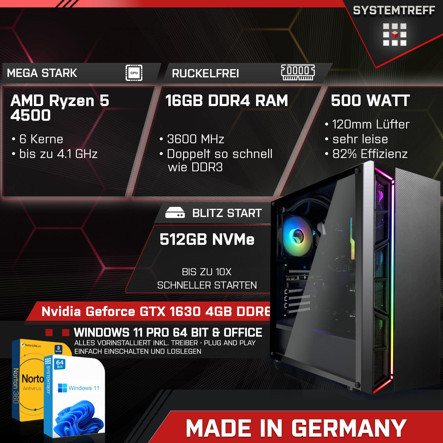 SYSTEMTREFF Gaming AMD Ryzen 5 4500, RAM, mSSD, NVIDIA Gaming 512 16 GB PC Windows mit AMD GTX Ryzen™ 5 1630 GB GeForce® Pro, Prozessor, 11