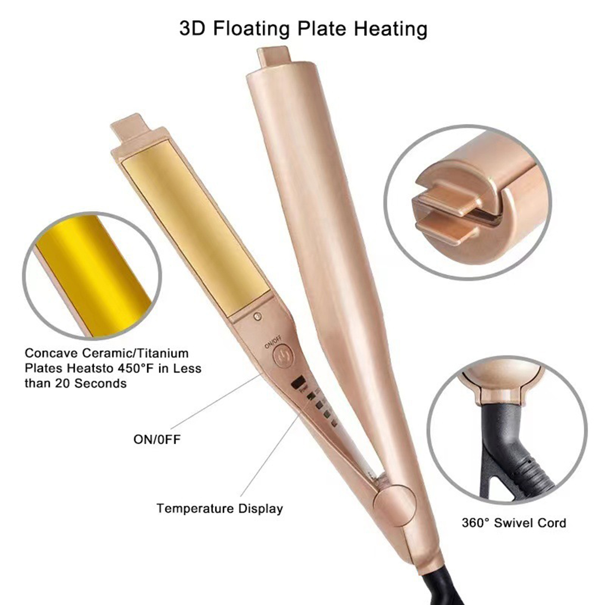 Ein goldfarbener Haarglätter mit Ein-/Aus-Taste und Temperaturanzeige. Die Keramikplatten sind geöffnet.