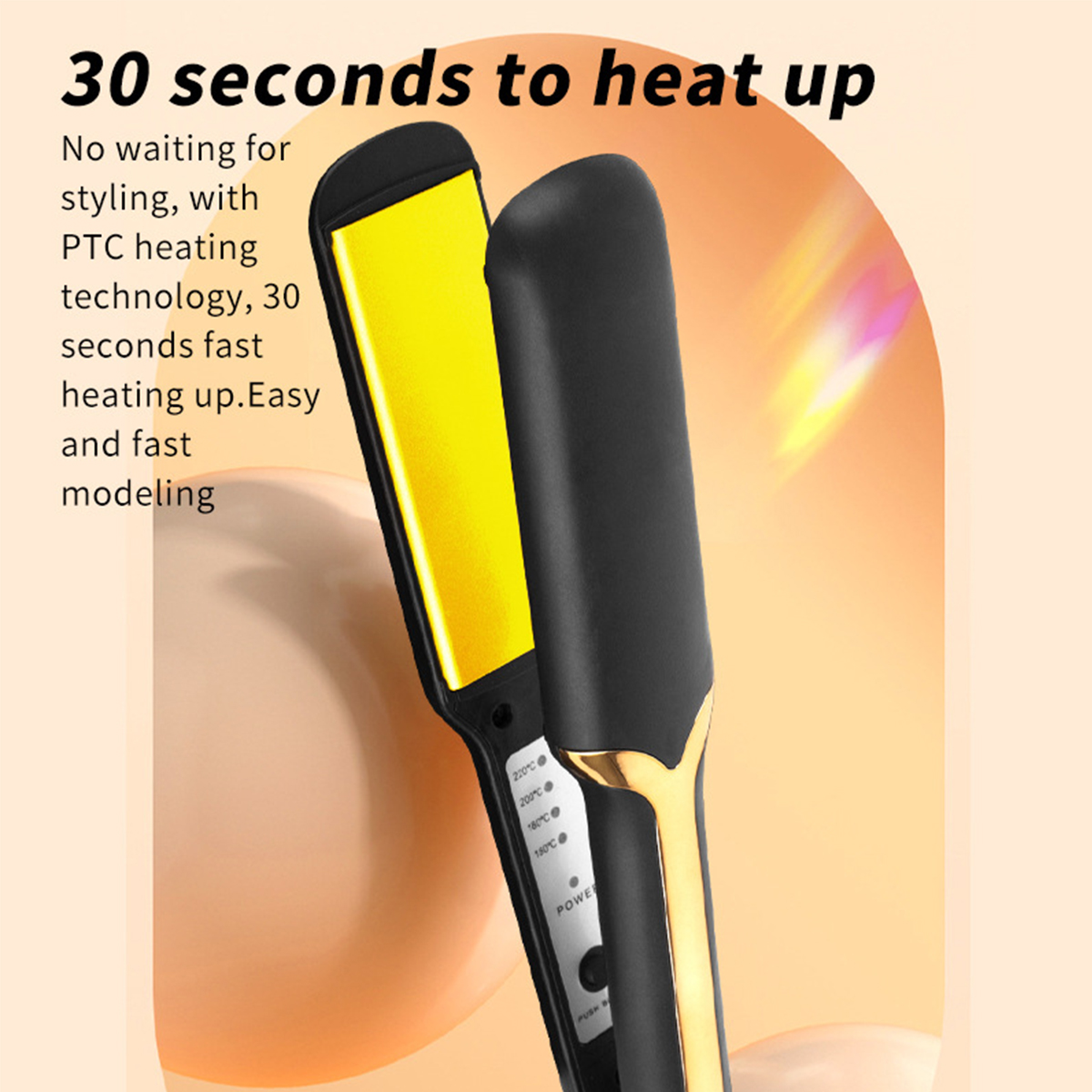 Ein schwarz-goldener Haarglätter mit gelber Platte, der Temperatureinstellungen anzeigt.